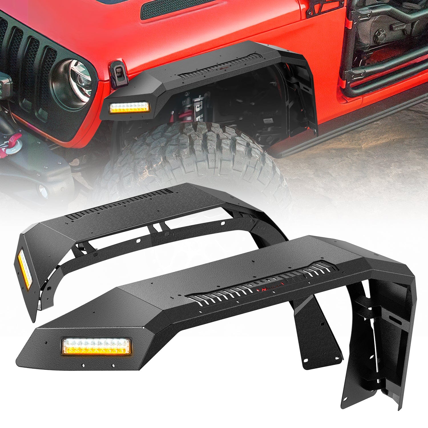 2018 2019 2020 2021 2022 2023 2024 2025 Jeep Wrangler JL & JLU Unlimited 2/4Doors (No fit 2020+ Gladiator JT) Wide Flat Front Fender Flares w/LED Lights Turn Signal Lights DRL