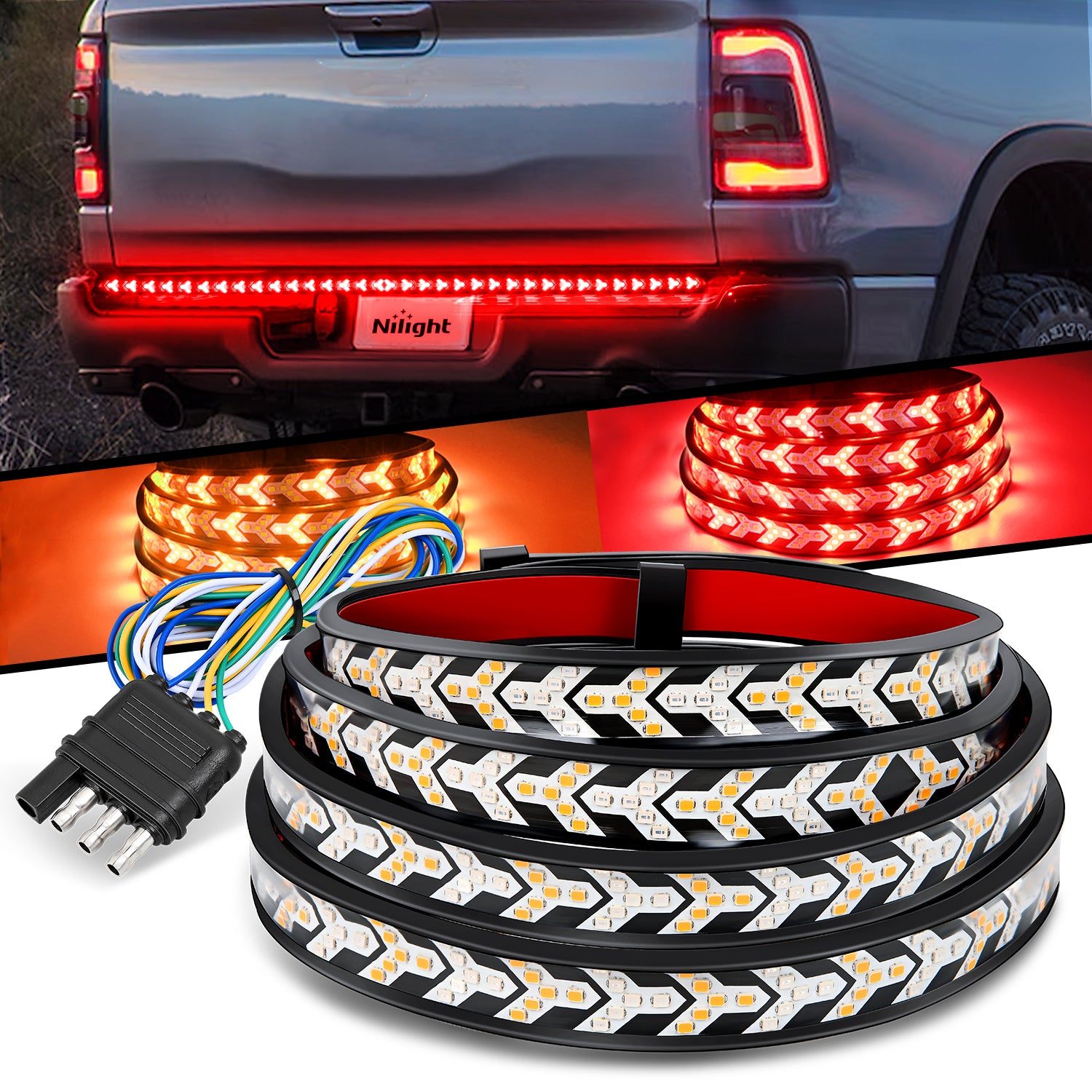 Truck Tailgate Light Strip 60Inch Arrow 540 LED with Red Running Brake Lights Amber Turn Signals Strobe Lights