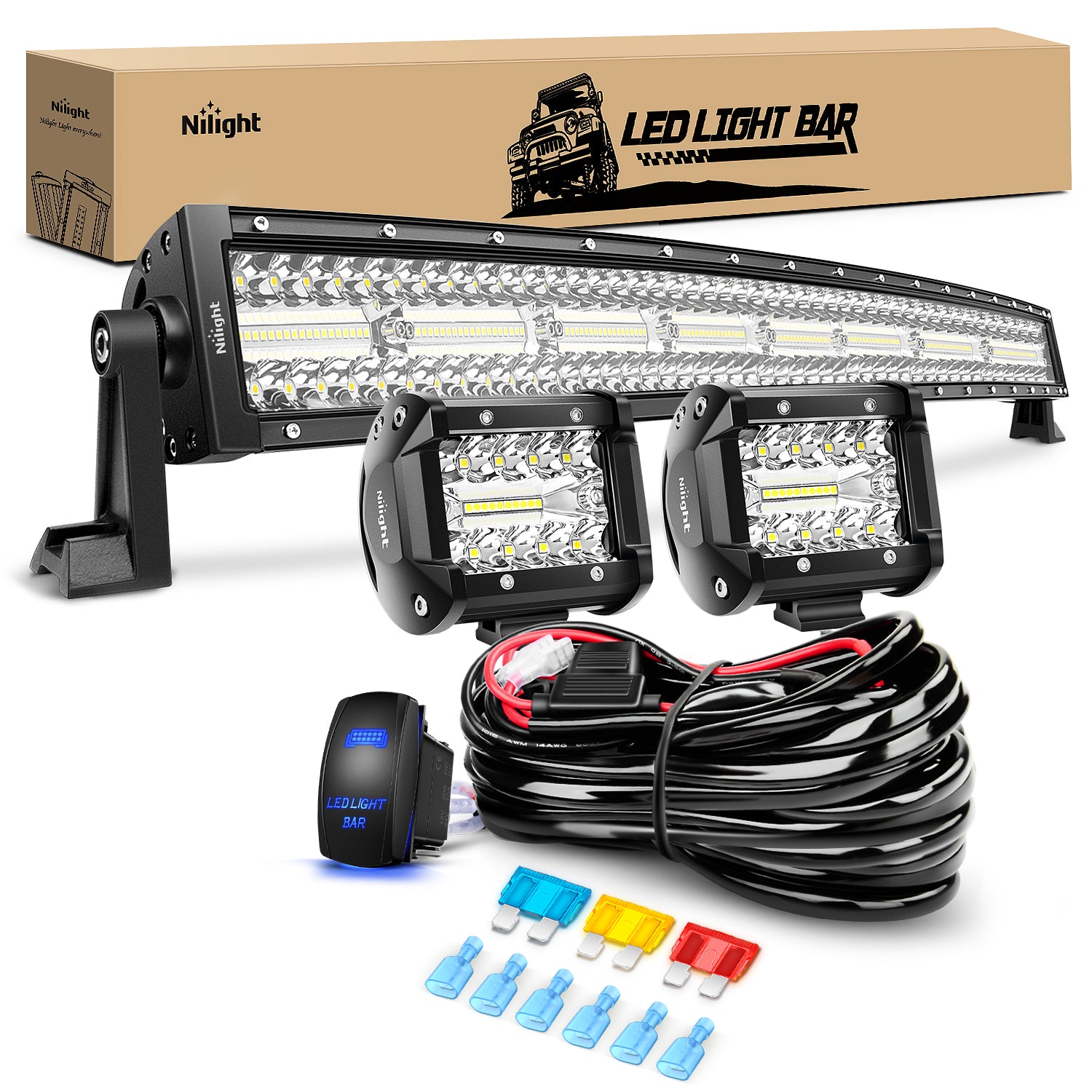 33Inch LED Light Bar 2Pcs 4Inch 60W Spot Flood Lights Pods Off Road DrivingWork Lighting with 14AWG Wiring Harness Kit-3 Leads for Truck Tractor Pickup Boat SUV ATV UTV Car Van Camper