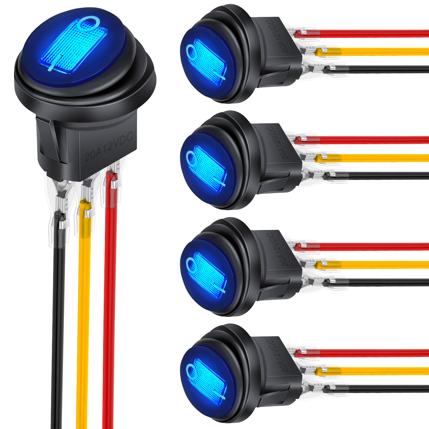 5Pcs Waterproof Round Rocker Toggle Blue LED Switch 12V 20A 3 Pin ON Off SPST for Car Truck Boat Marine Automotive RV with Locked Terminal Wires
