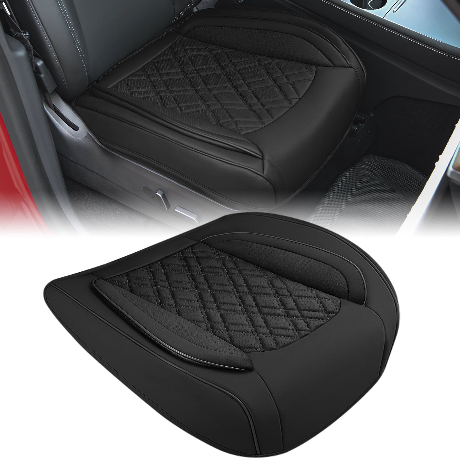 Car Seat Cushion Cover Black Leather Front Seats with Wings Waterproof and Anti-Slip with Storage Bag Wrapped Bottom Suitable for Cars Sedan Van SUV Truck