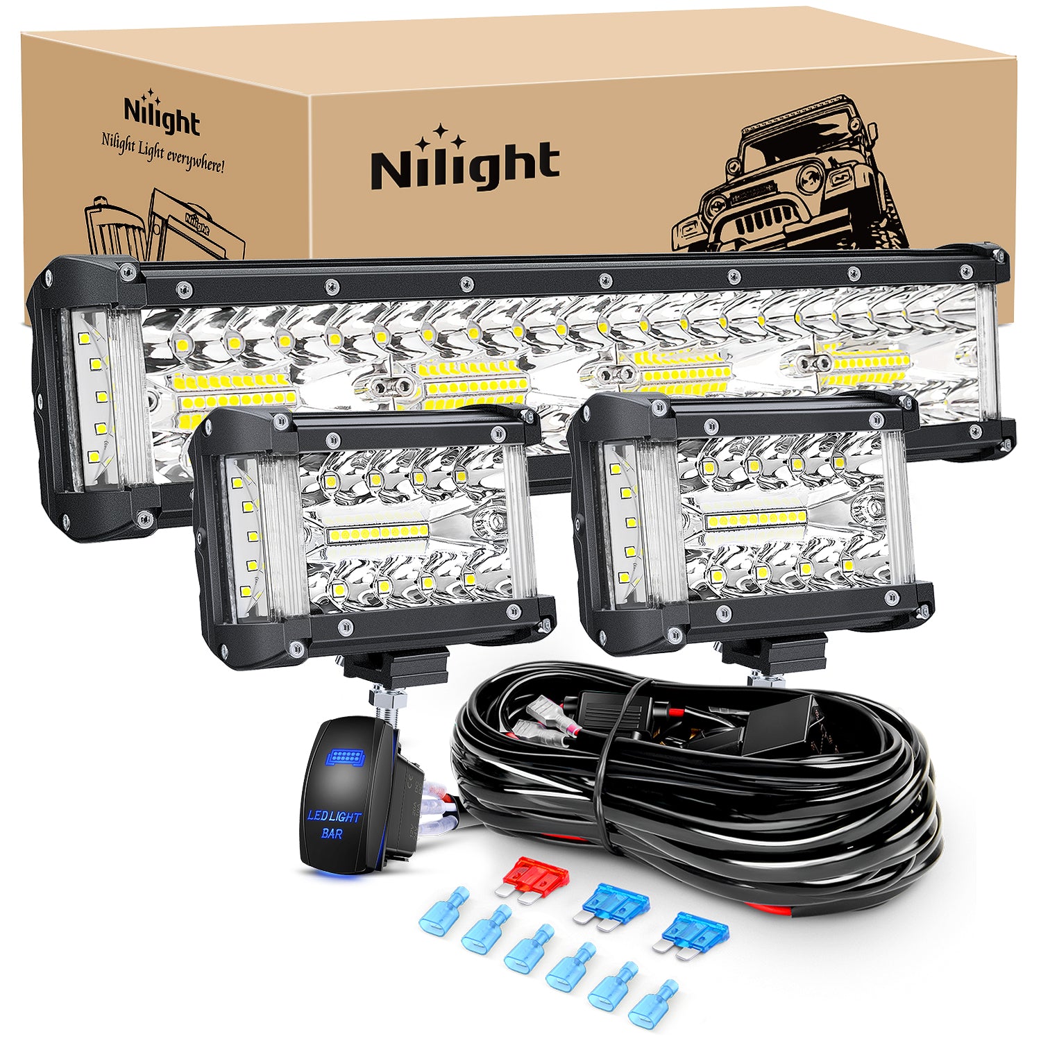 Side Shooter LED Light Bar Set 12 Inch Triple Row Spot Flood Combo Lights 2PCS 4.3Inch Pods with 5Pin Rocker Switch Wiring Harness Kit for Off-Road Truck ATV UTV Boat