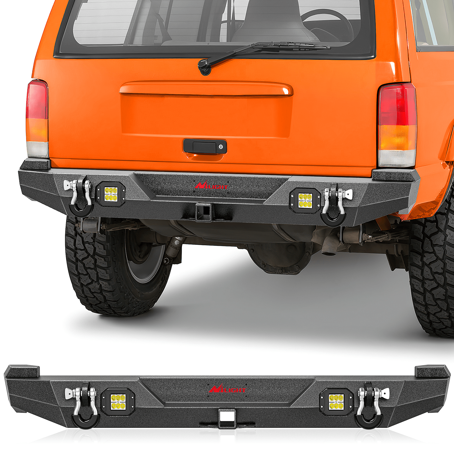 1984-2001 Jeep Cherokee XJ Rear Bumper 2inch Hitch Receiver Upgraded 18W LED Light Pods Offroad Textured Black