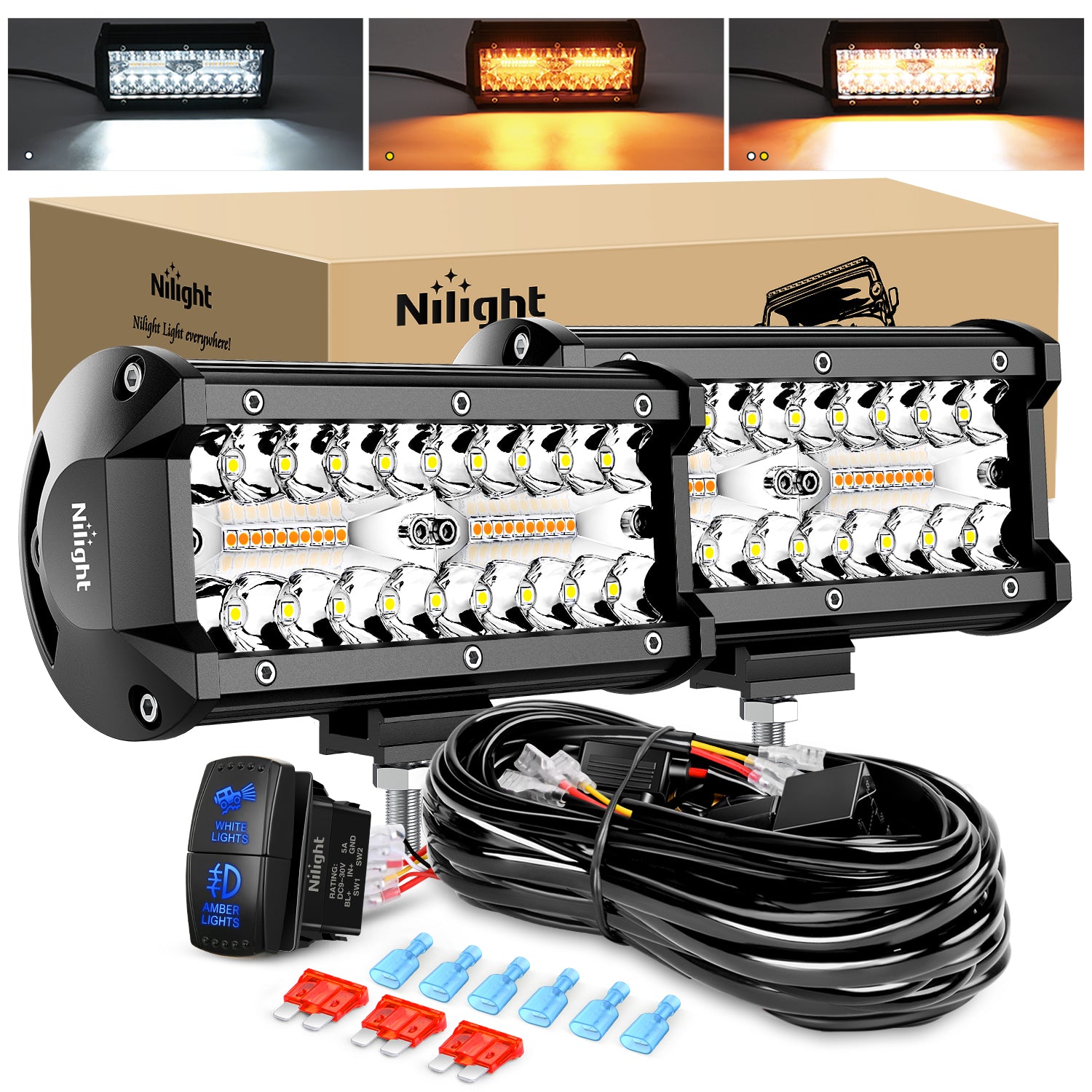 6.5Inch Off-Road LED Light Bar, 2PCS 120W 3 Lighting Modes (White/Amber/White&Amber) Driving Fog Light Spot Flood Lights with 18AWG Wiring Harness for Truck Car ATV SUV Jeep Boat