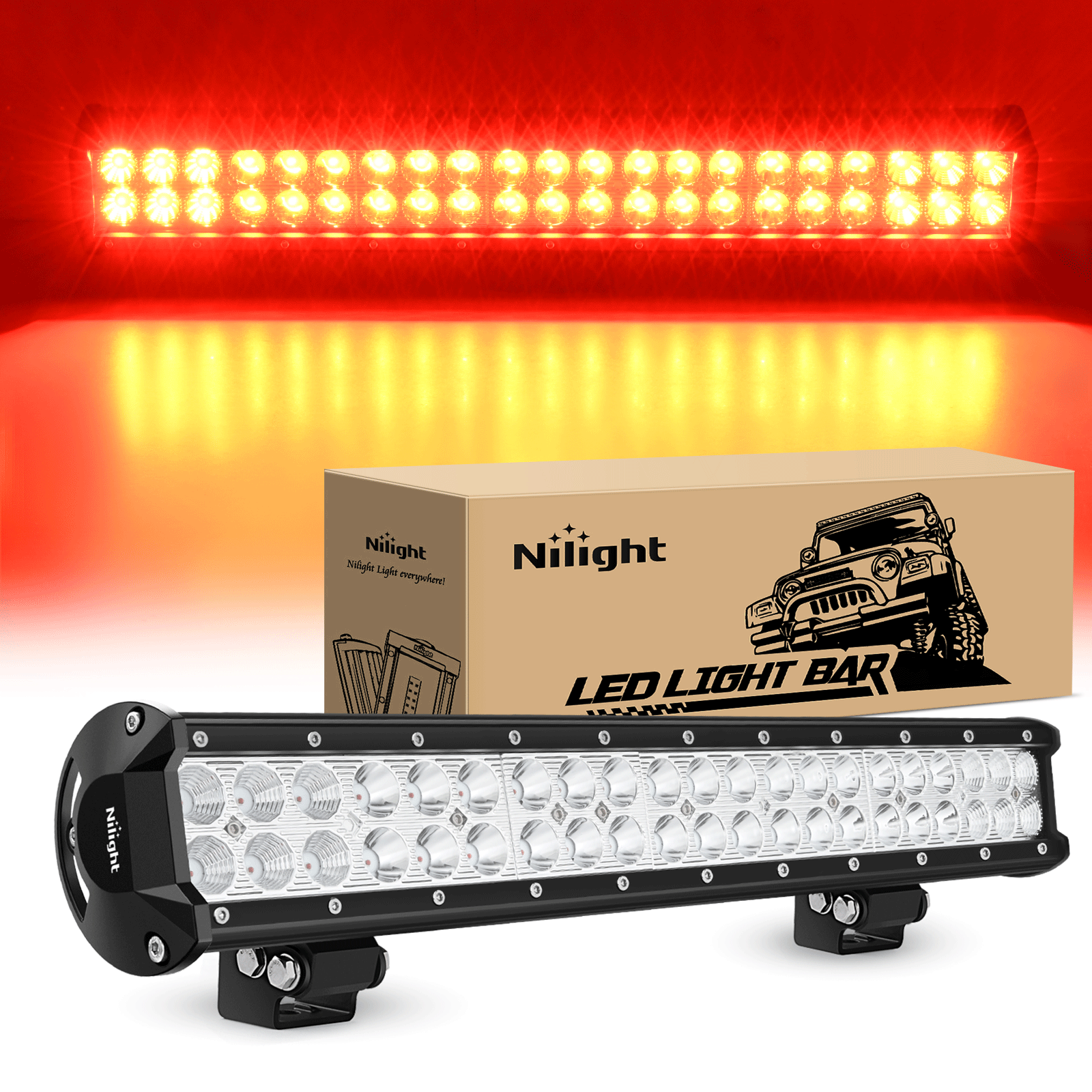 LED Light Bar 20 Inch 126W Spot Flood Combo Red Beam Off Road Lamp Fishing Hunting Emergency Deck Work Lighting for Trucks UTV Pick-up Van Boat Tractor