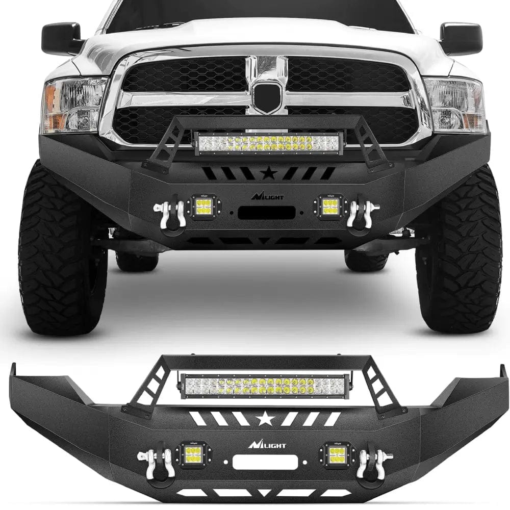 2013 2014 2015 2016 2017 2018 Dodge Ram 1500 Front Bumper Full Width Solid Steel with Winch Plate Offroad 120W LED Light Bar 2Pcs 18W Light Pods D-Rings