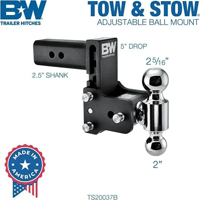 B&W Trailer Hitches Tow & Stow Adjustable Trailer Hitch Ball Mount – Fits 2.5″ Receiver, Dual Ball (2″ x 2-5/16″), 5″ Drop, 14,500 GTW – TS20037B