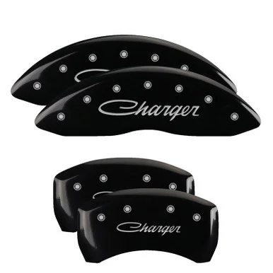 MGP 12001SCHSBK Caliper Covers Black with Charger Cursive Logo for 06-10 Charger R/T 5.7L HEMI