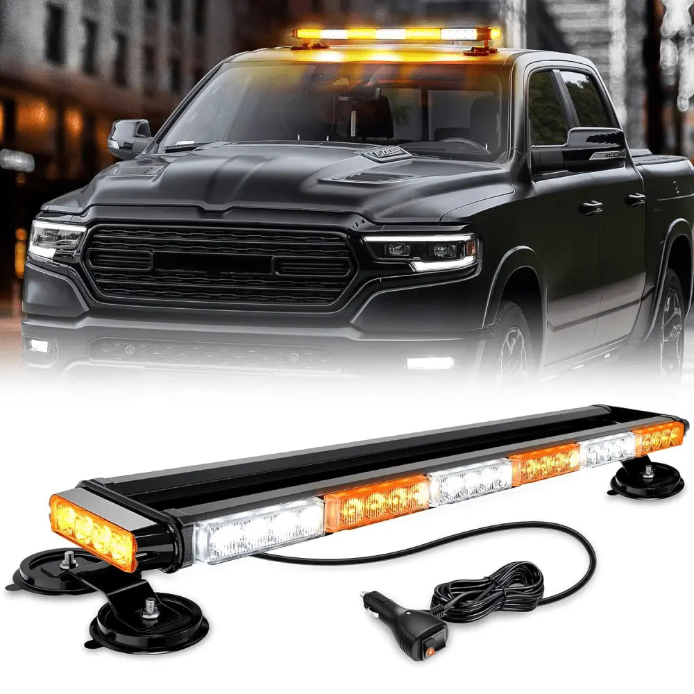 29.5 Inch Roof Top Amber White Strobe Lights 56LED Hazard Emergency Warning Light Bar Magnetic Mount