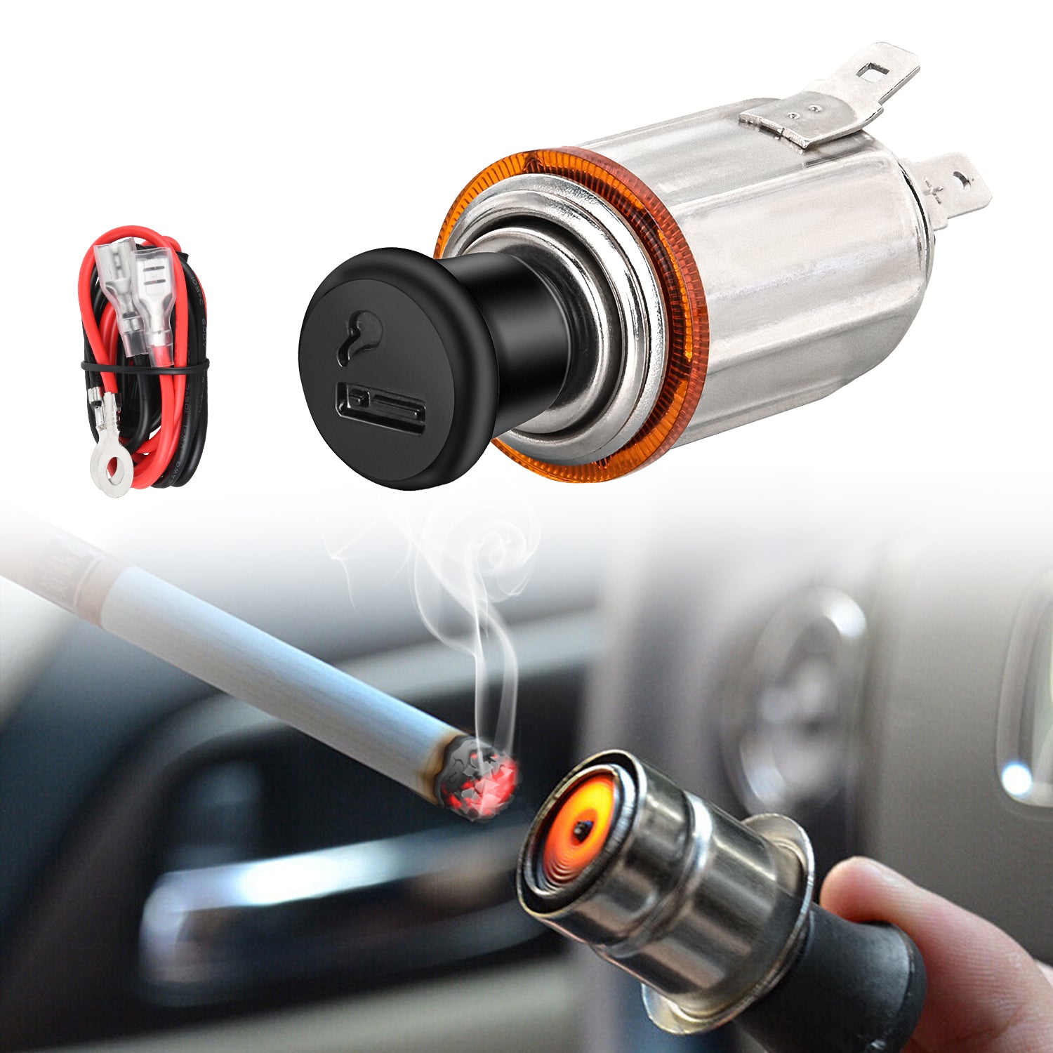 12V Cigarette Lighter Car Replacement Socket with Terminals Wires Built-in Fuse auto cigarette lighter adapter push button car accessory replacement plug for Car Truck RV ATV UTV Marine Boat