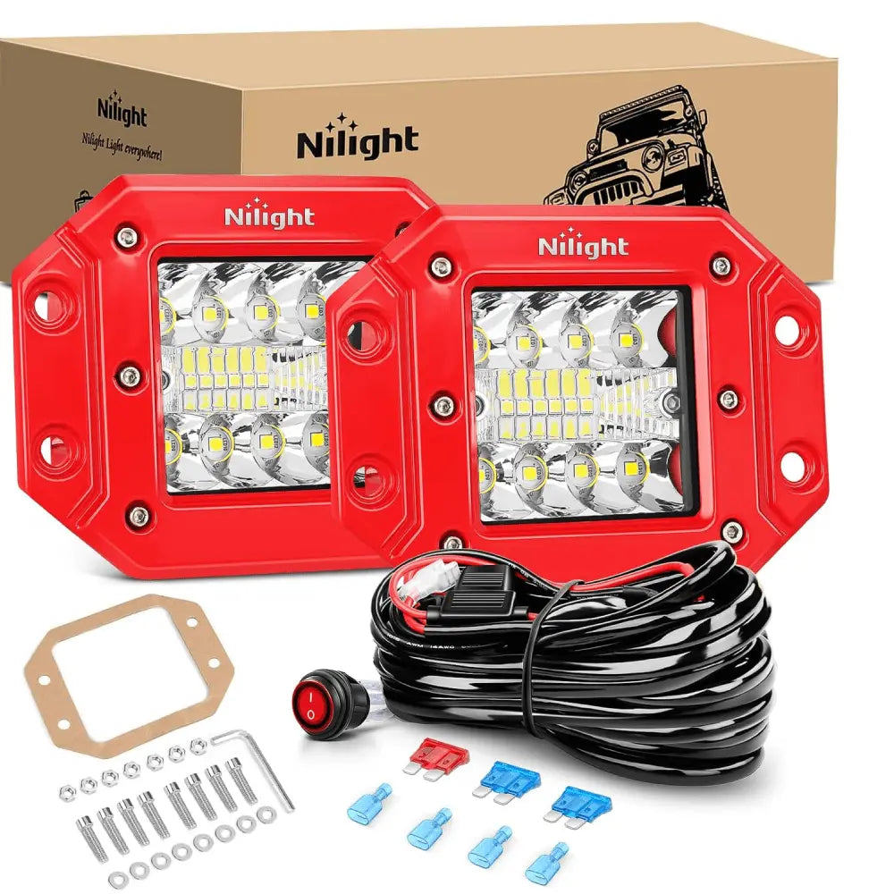 4.8Inch 42W Flush Mount Spot Flood Red Case LED Work Lights 16AWG Wiring Harness Kit-2 Leads