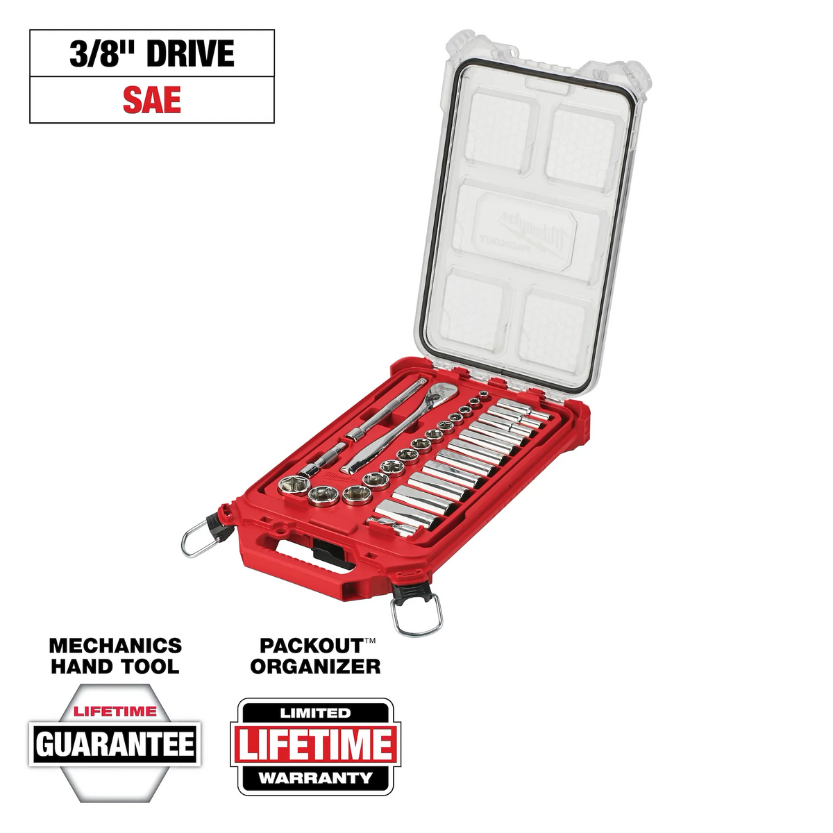Milwaukee Tools 28pc 3/8" Drive Ratchet and Socket Set 48-22-9481 PACKOUT Low-Profile Organizer