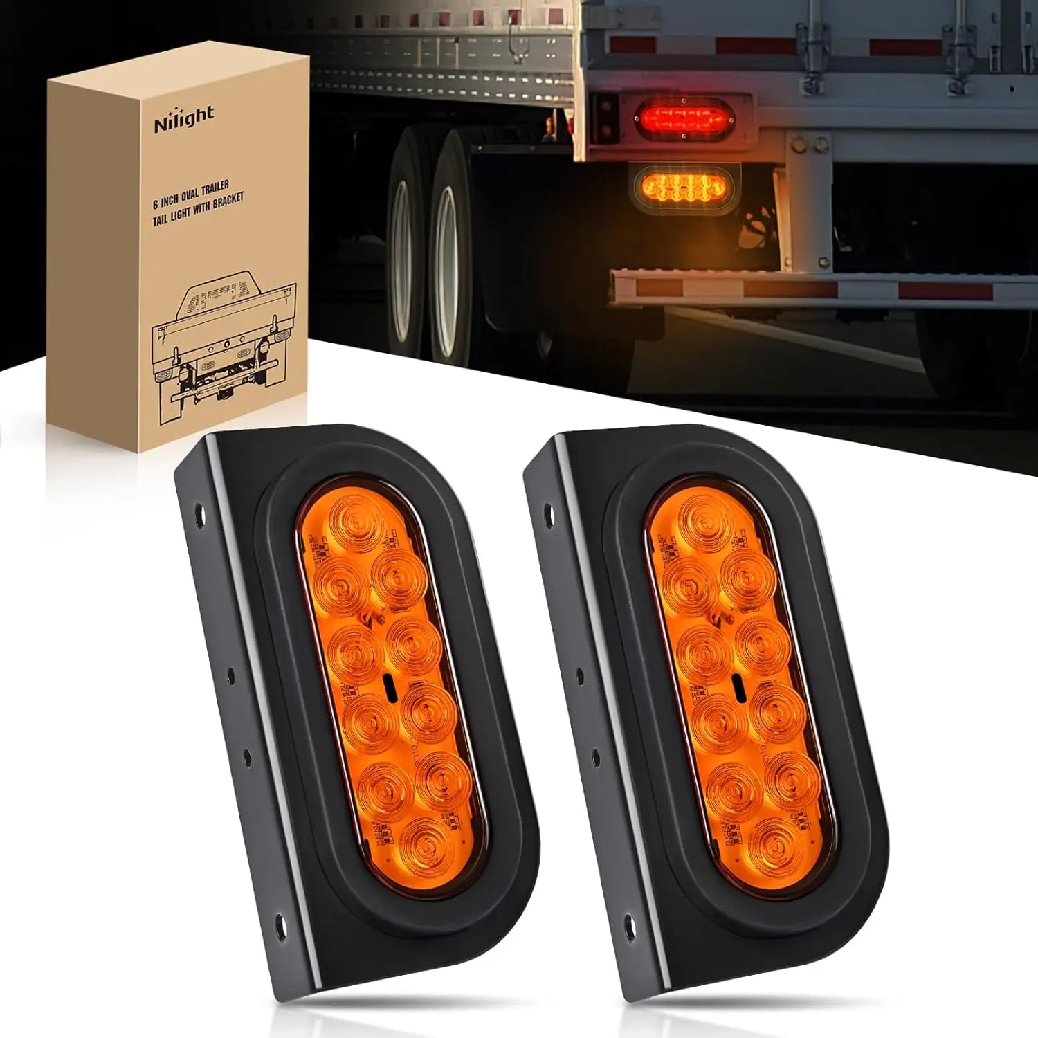 6 Inch Oval Amber Tail Lights flush Mount Grommets Plugs w/Mounting Brackets (Pair)