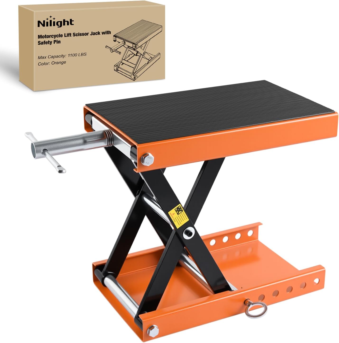 Motorcycle Lift Jack 1100 LBS Scissor Jacks Stand Lift with Wide Deck Safety Pin Handle 3.4 Inch-14.2 Inch Height Adjustable Hoist Stand Garage Repair Lifter for Motorcycles ATV Dirt Bike, Orange