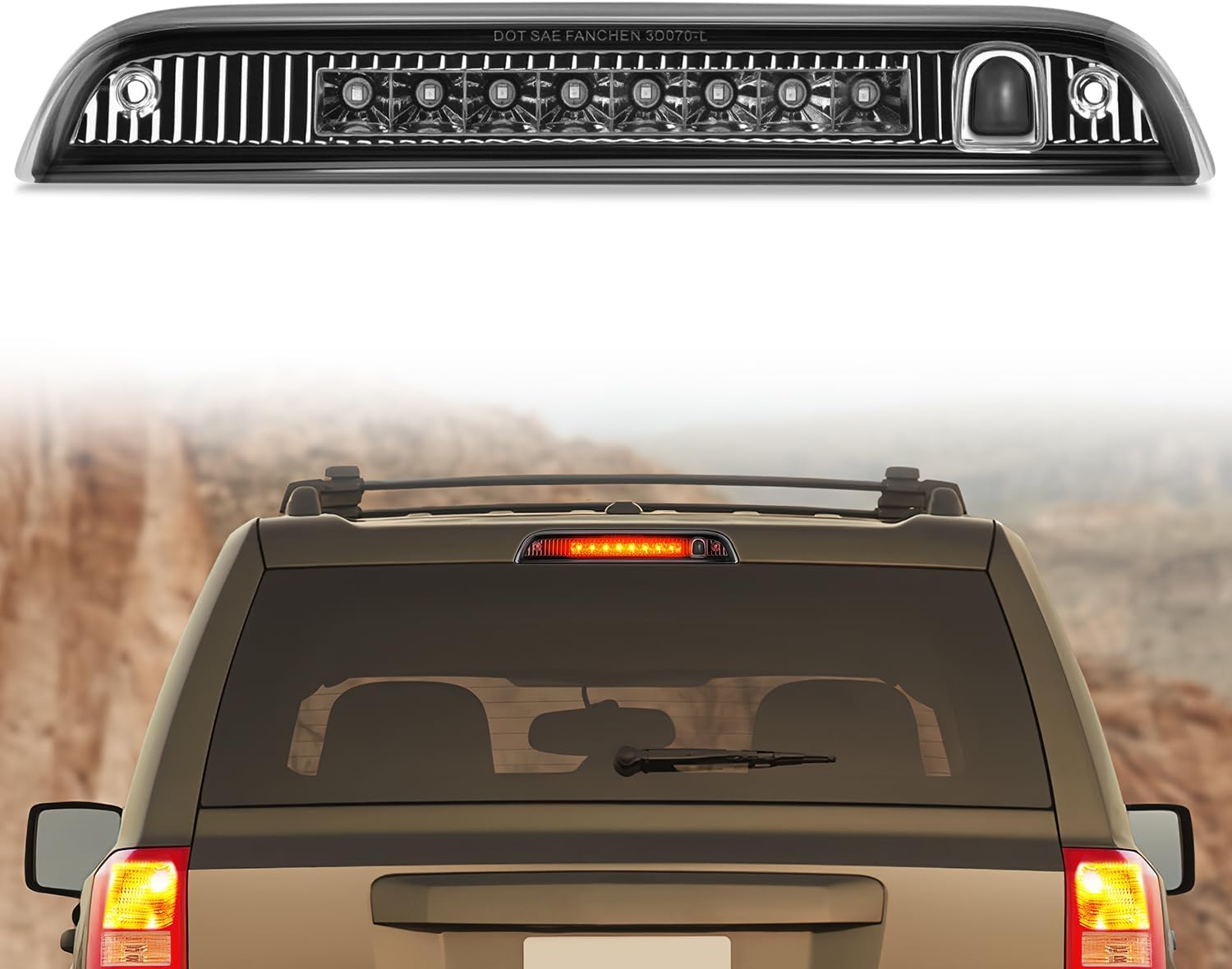 Third Brake Light Tail High Mount 3rd Stop Lights Smoked Lens Compatible with Jeep Patriot 2007 2008 2009 2010 2011 2012 2013 2014 2015 2016 2017 Van SUV Rear Center Cab Lamp