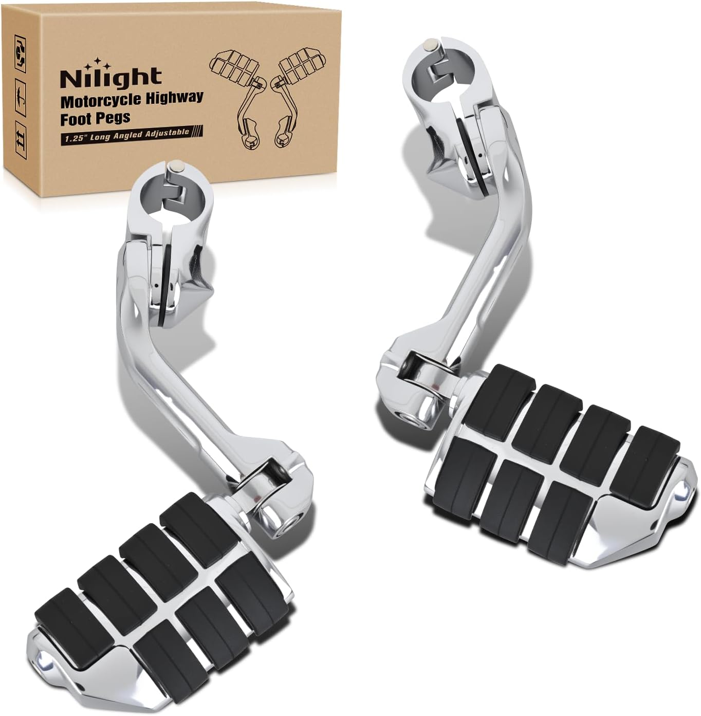 1.25 Inch Motorcycle Highway Pegs For Harley Davidson Touring Road King Street Glide Sportster Adjustable Long Angled Foot Pegs Universal For 1-1/4 Inch Engine Guard Crash Bars Highway Footpegs Chrome