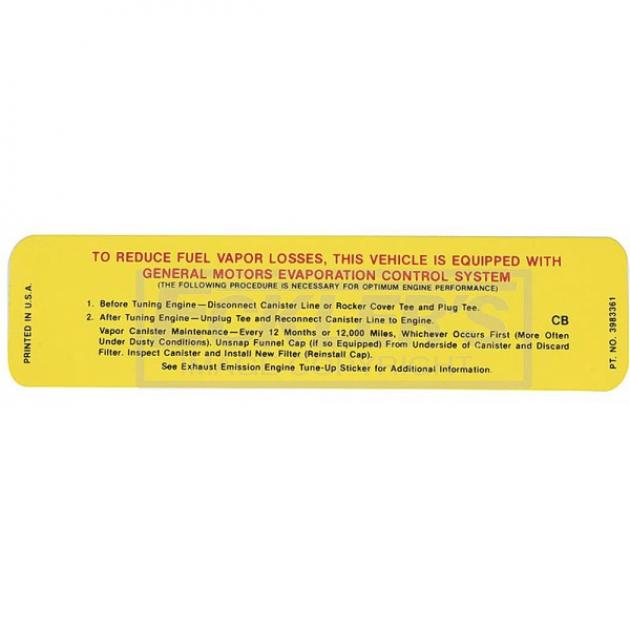 El Camino Emission Decal, 396-454, California Emissions, 1970