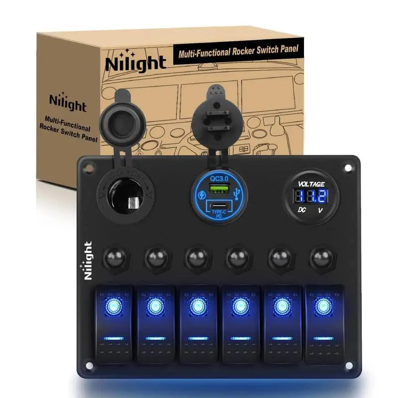 6Gang ON/Off Blue Rocker Switch Panel w/ PD Type C & Dual USB Cigarette Lighter Socket Voltmeter