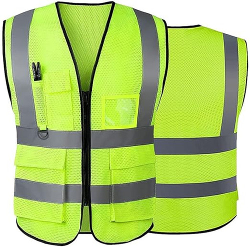 Truper Maximum-Visibility Safety Vests W/Buttons and 7-Pockets,2" Reflective Strips, Reinforced, green, safety vest, size XL #13484