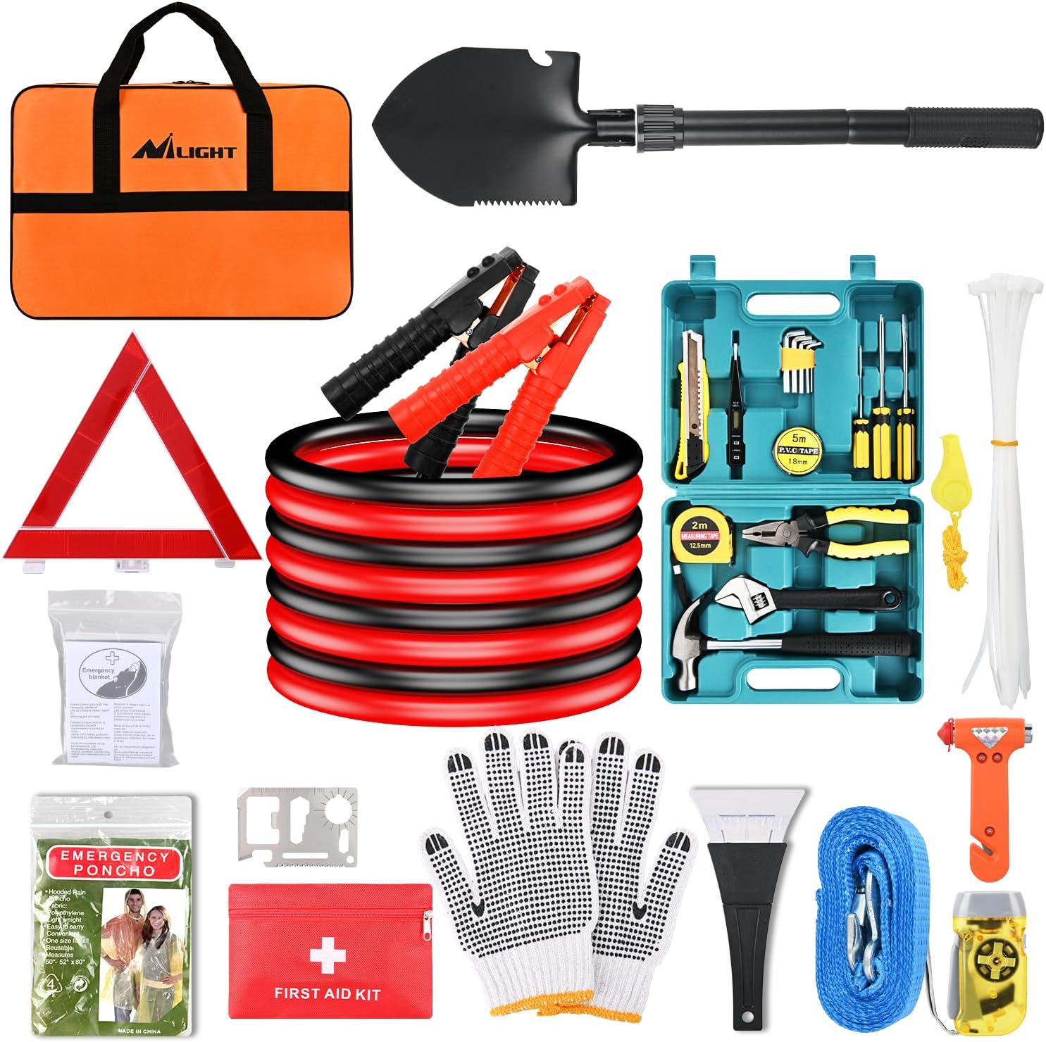 Car Emergency Kit with Jumper Cable Air Compressor Tire Repair Essential Tools First Aid Alligator Connector Electrical Kit for Travel Camping Outdoor Cars Truck SUV RV