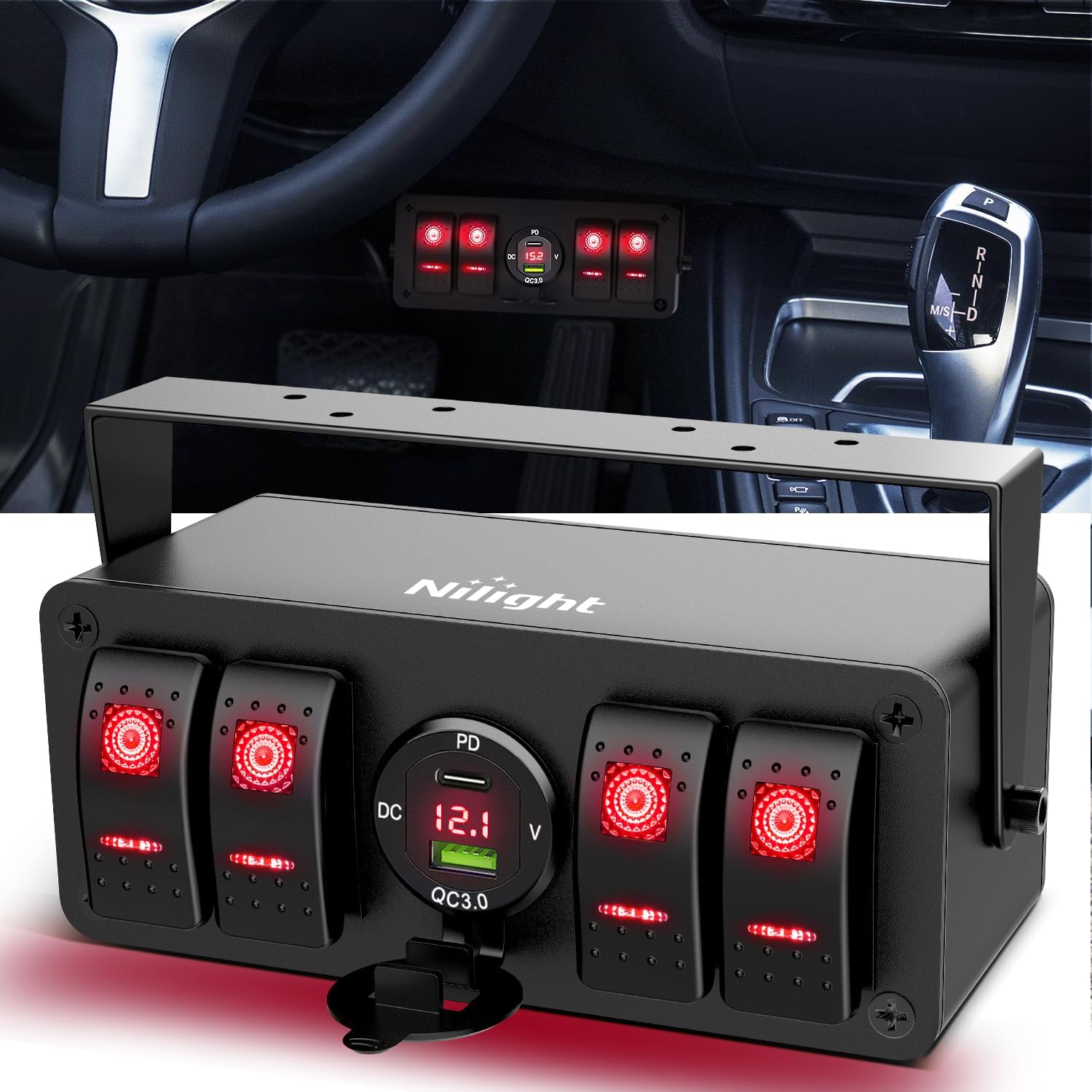 4 Gang Rocker Switch Box 12V SPST ON Off Toggle Switches PD Type C and QC 3.0 USB Charger Voltmeter LED Light Waterproof Aluminum Mount Bracket Panel DIY Stickers for Boat Car RV Truck