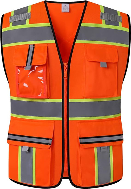 Truper Maximum-Visibility Safety Vests W/Buttons and 7-Pockets,2" Reflective Strips, Reinforced, orange, safety vest, size XL #13481