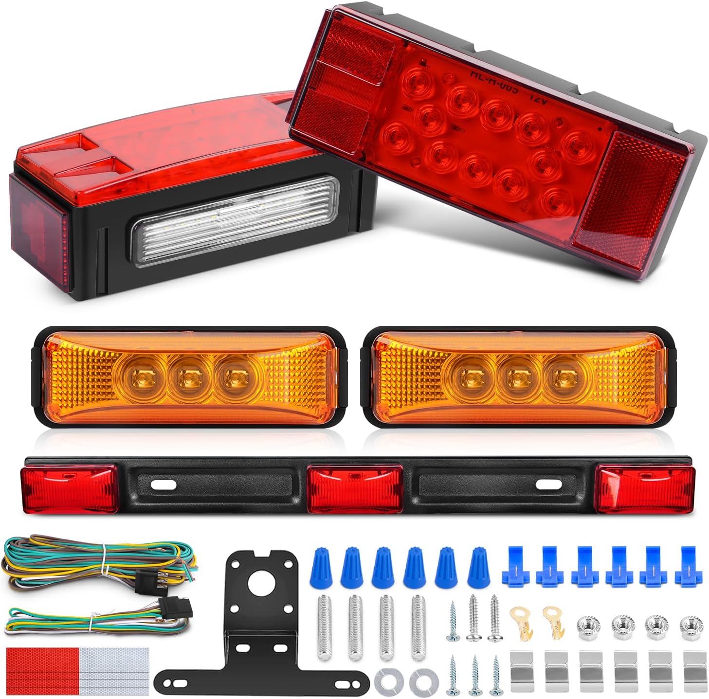 LED Trailer Light Kit 2 PCS Red Rectangular Stop Turn Tail License Lights 3.9 Inch Amber Side Marker Taillights 9 LEDs ID Bar For 12V RV Truck Marine Boat Snowmobile