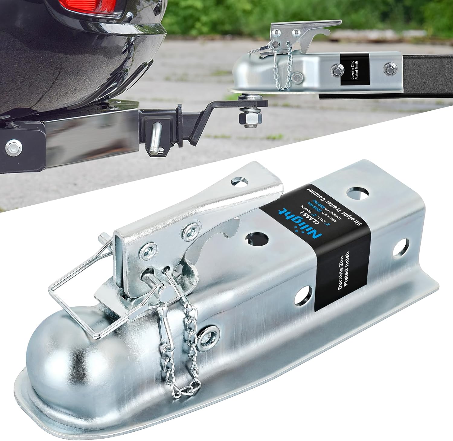Straight Trailer Coupler with Security Latch&Chain for 2-Inch Hitch Ball, 2-1/2 Inch Channel,3500 LBS,Heavy Duty Trailler Tongue Coupler for Station Wagon, Truck, Bolted & Welded Installation