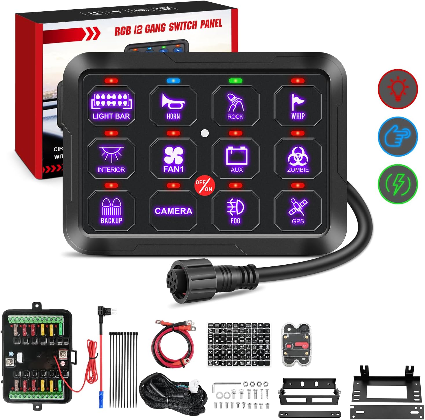 12 Gang Switch Panel 12V 24V Universal Circuit Control Relay System with RGB Backlight Fuse Relay Wiring Harness Automatic Dimmable ON Off LED Switch Pod for Car Pickup Truck Camper SUV