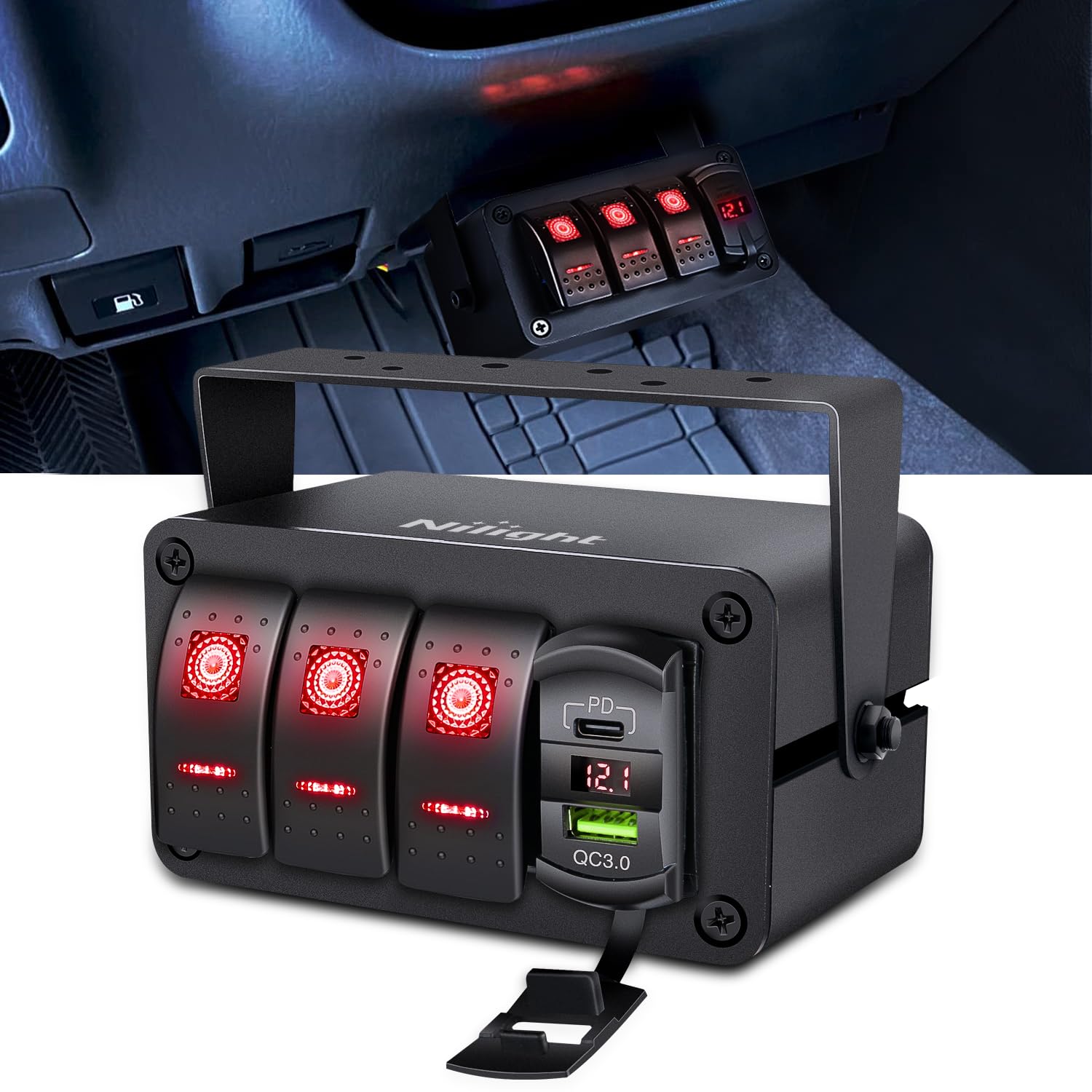 3 Gang Rocker Switch Box 12V SPST ON Off Toggle Switches PD Type C and QC 3.0 USB Charger Voltmeter LED Light Waterproof Aluminum Mount Bracket Panel DIY Stickers for Boat Car RV Truck