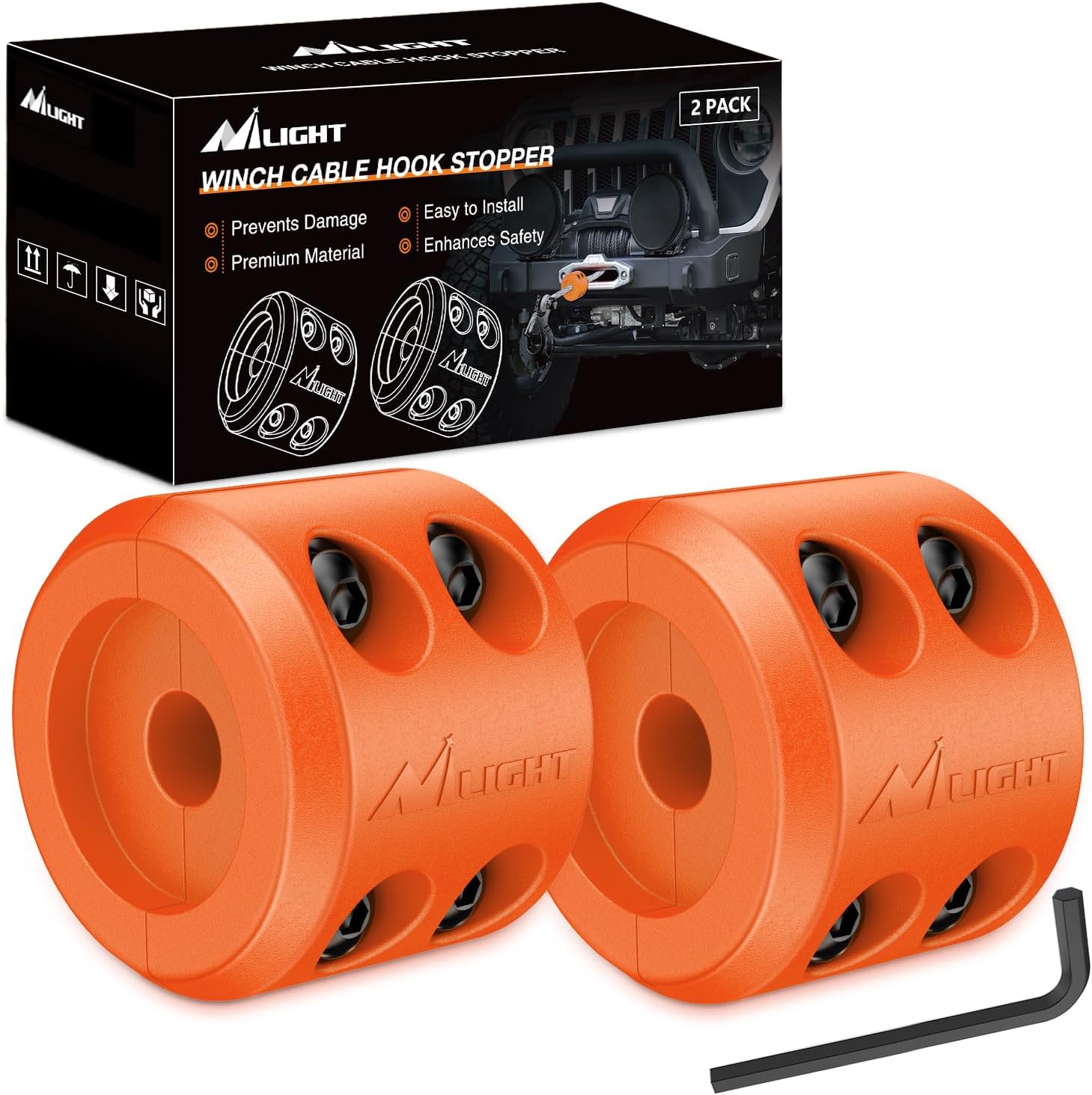 Winch Stopper for ATV UTV Truck SUV Winch Cable Hook Rubber Stopper 2 Pack Protect Towing Hook Synthetic Rope Winch Accessories Rope Line Saver with Stainless Steel Screws Allen Wrenc, Orange