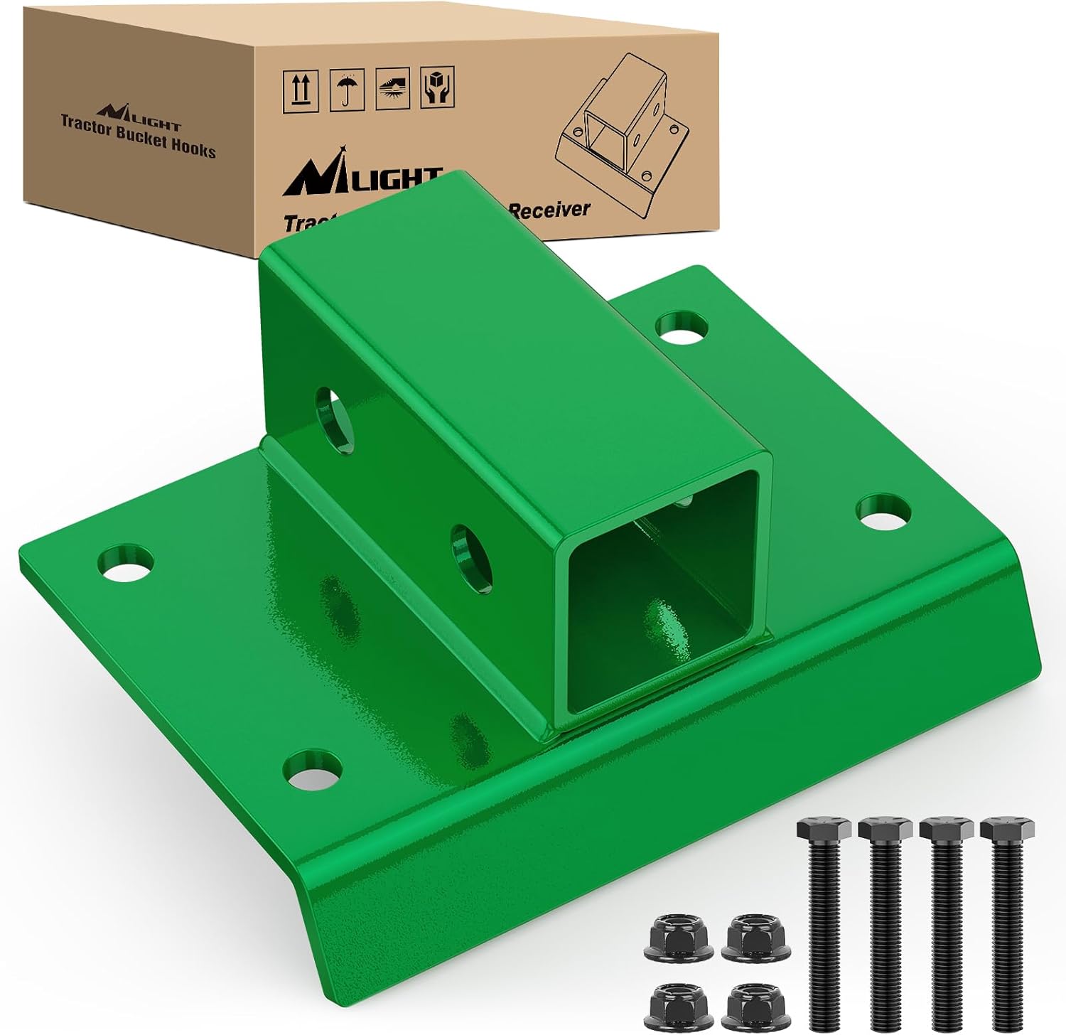 Bolt on Tractor Bucket 2 inch Towing Receiver Adapter 5/8 InchPin Hole Class 3 Trailer Hitch 12000 LBS Work Well for Tractor Buckets Green
