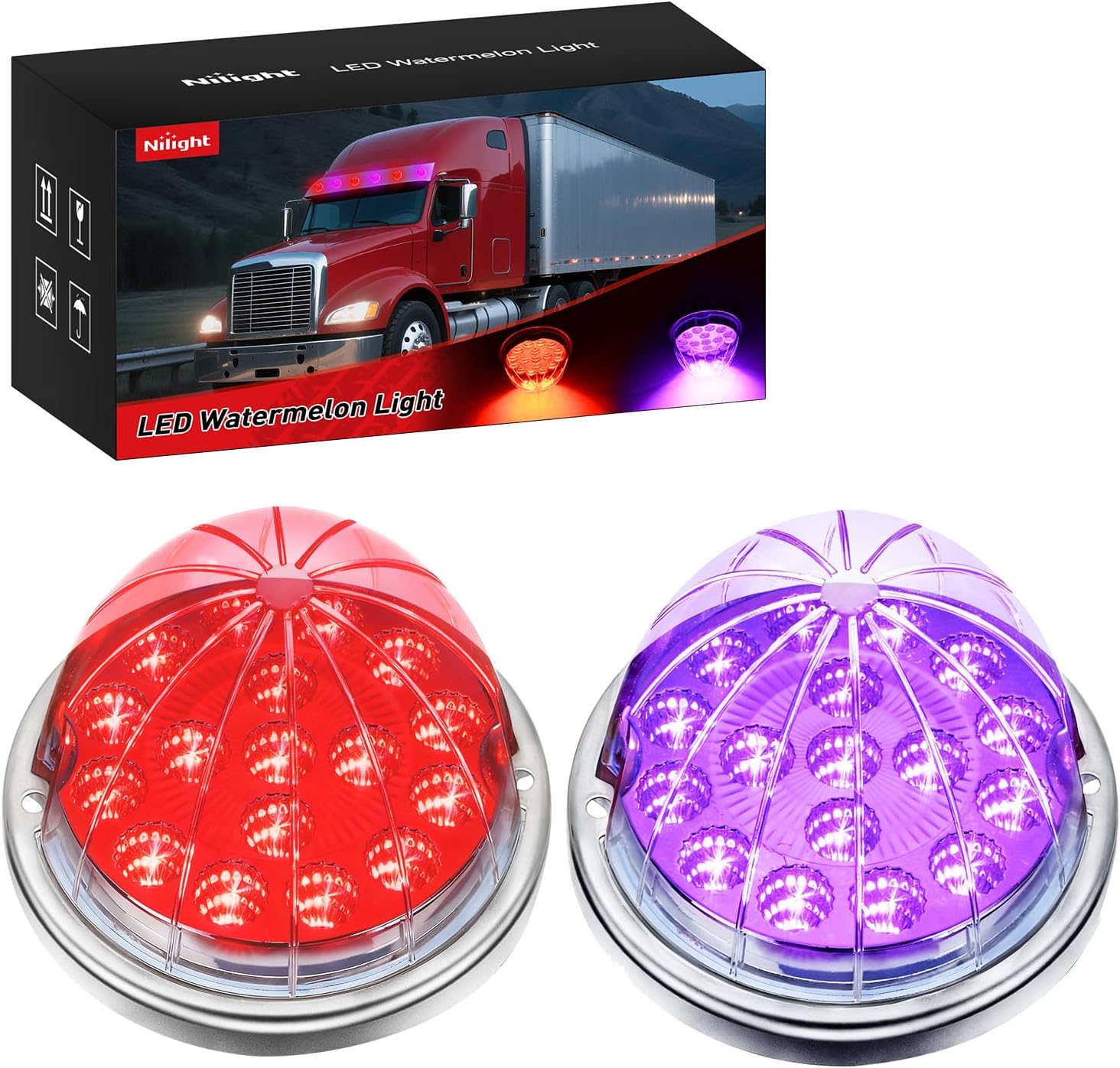 Watermelon Light 17 LED Dual Color 2PCS Stainless Steel Bezel Red to Purple Side Marker Clearance Turn Signal Lights 4 Plug IP68 Waterproof for Trailer Truck Pickup Camper RV ATV UTV Boat