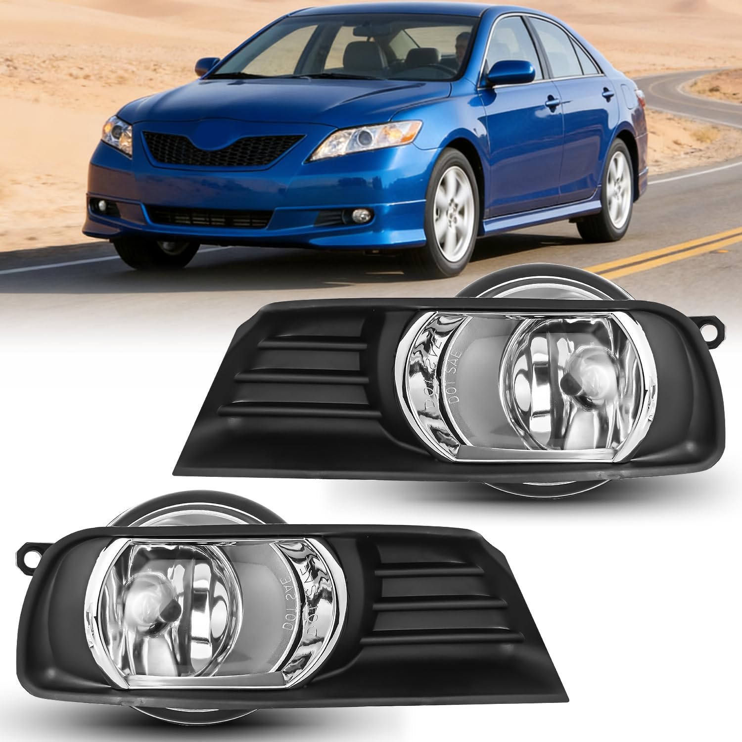 Fog Lights Assembly Compatible with 2007 2008 2009 Toyota Camry Clear Lens Driver and Passenger Side w/H11 12V 55W Bulbs