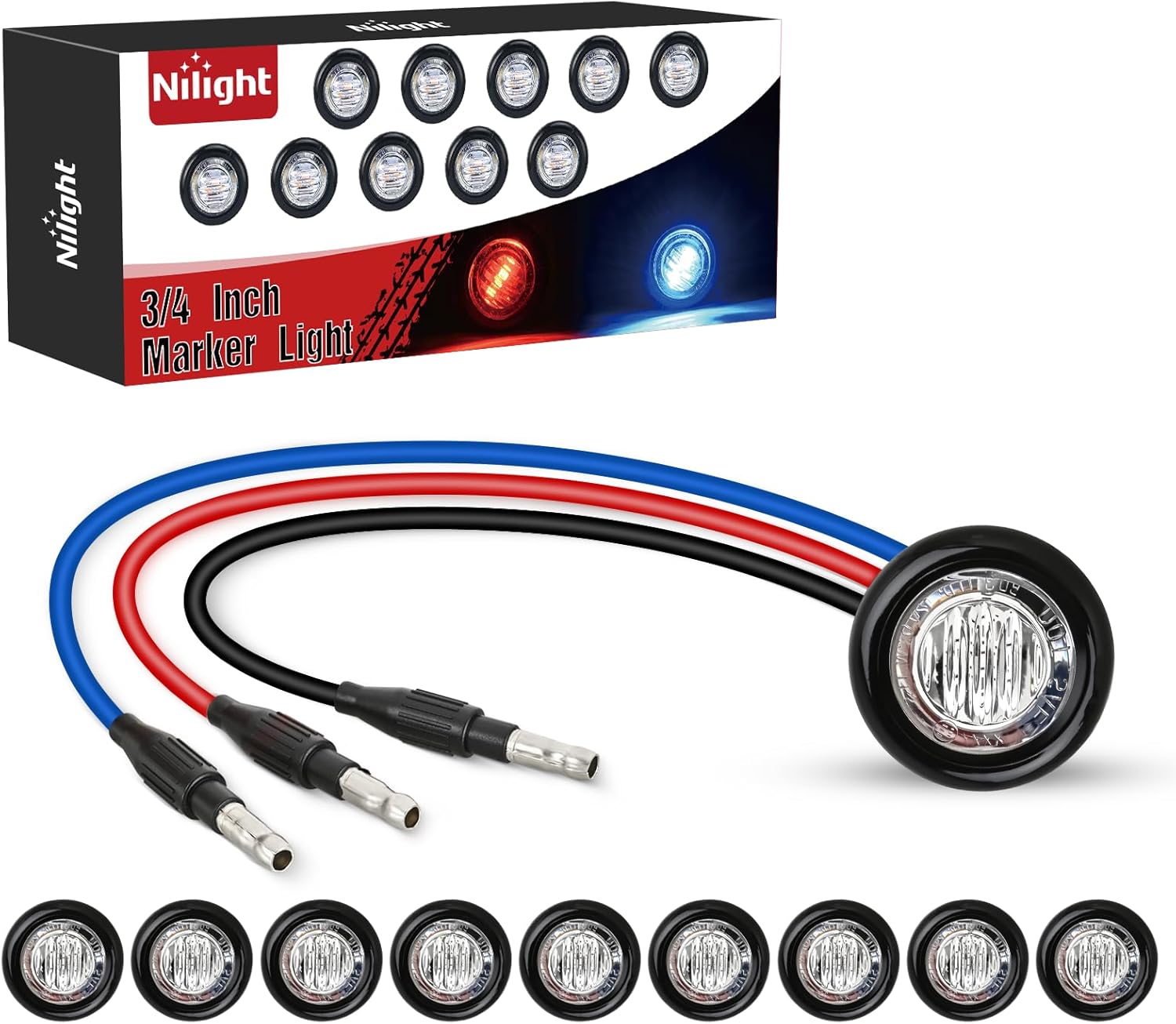 3/4 Inch Dual Color Marker Light 10PCS Red to Blue Brake Auxiliary Side Marker Clearance Indicator Bullet Lights 3 Plug Connector IP68 Waterproof for Trailer Truck Pickup Camper RV ATV UTV Van Bus