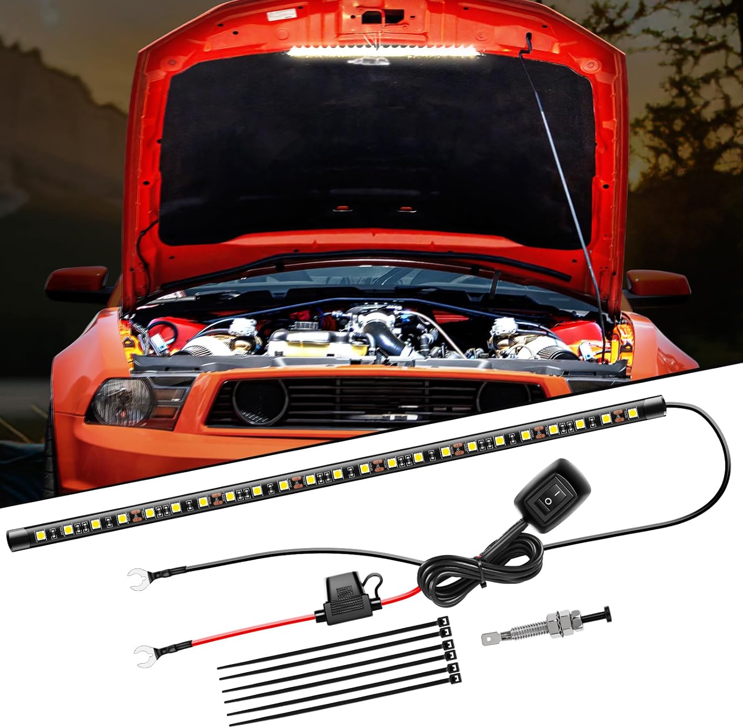Under Hood Light Strip 21 LED Waterproof Underhood Work Lights with On/Off Switch Blade Fuse Engine Bay Repair Lamp White 12V for Car Truck SUV