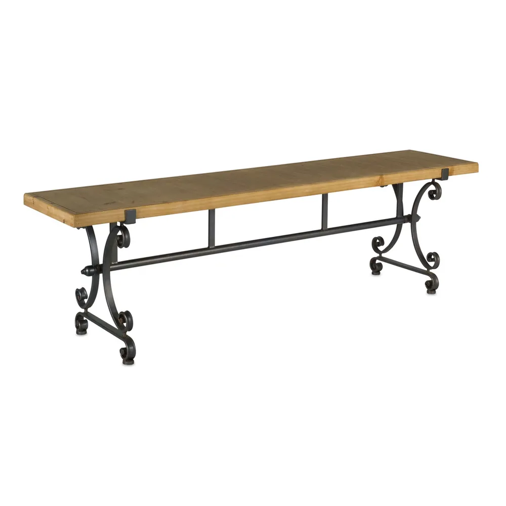 Aged Iron Scroll Base Natural Wood Bench 18″