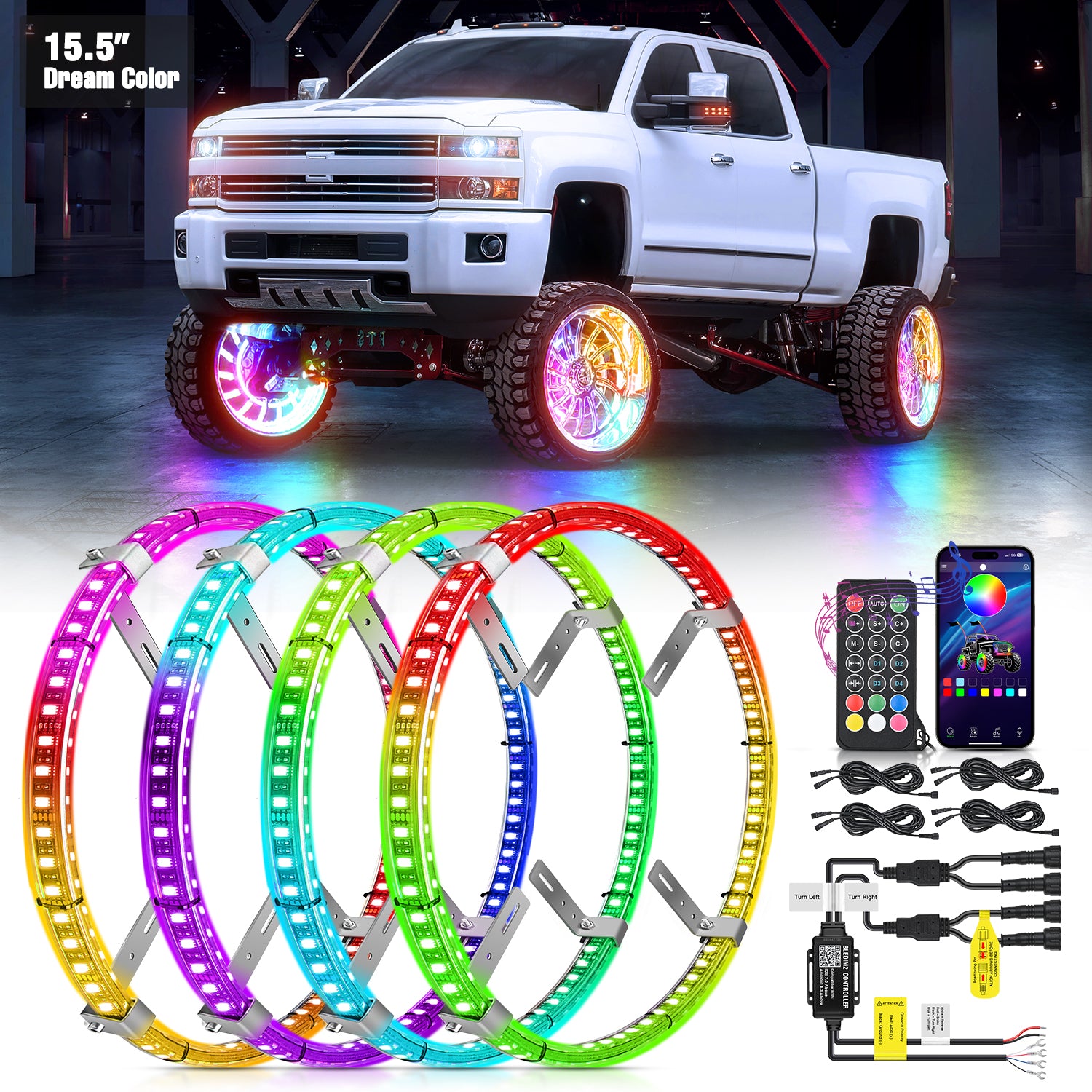 4PCS 15.5inch Double Row Wheel Ring Lights Dream Color with APP and Remote Control Neon Lights w/Turn Signal and Braking Function Dual Row for Car Van SUV Truck