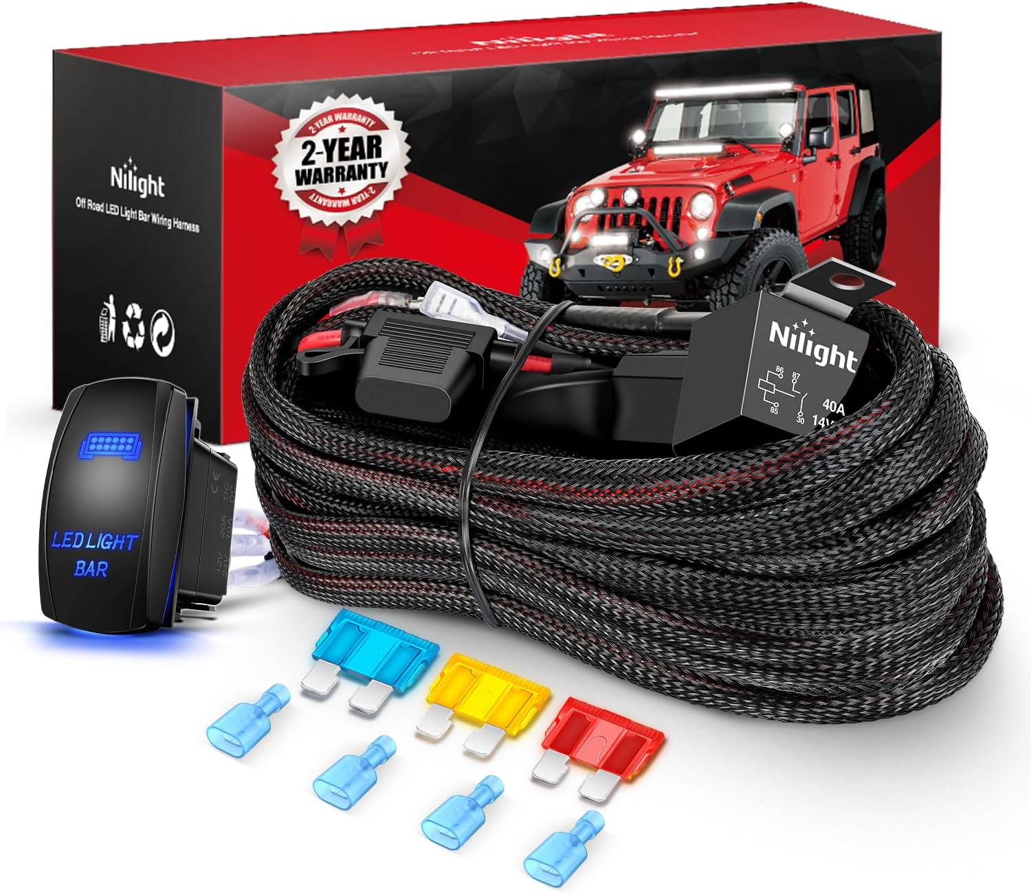 Wiring Harness Kit Nylon 14 AWG 2 Leads 12V 5Pin Rocker Switch Laser On Off Power Relay Blade Fuse for LED Light Bar Off Road Lights on Cars Jeep Boat Trucks