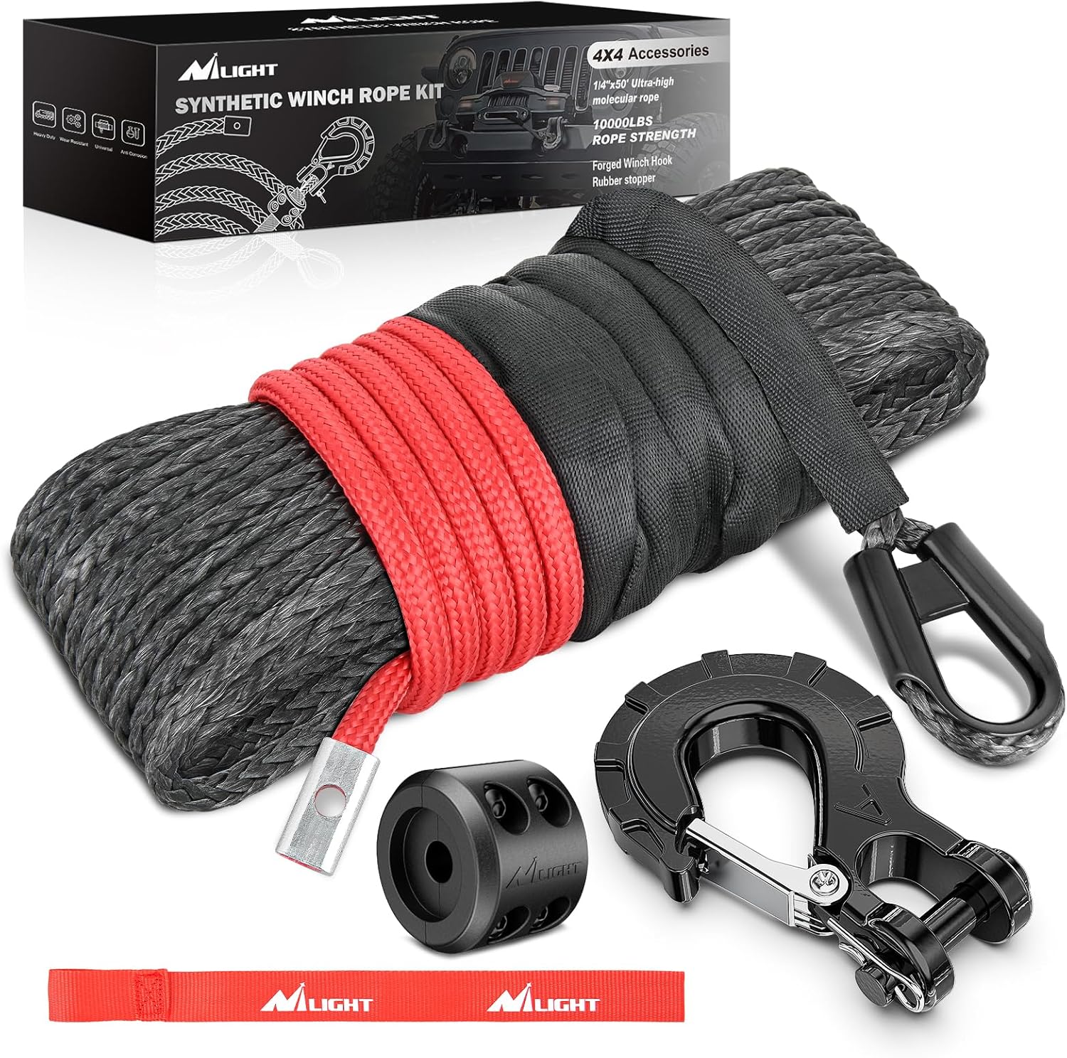 Winch Rope 1/4 Inch x 50 Feet Synthetic Winch Line Cable Kit for ATV UTV Offroad 10000 lbs Black Winch Line Ropes with Protective Sleeve+ Forged 35000lb Winch Hook+Rubber Stopper+Safety Strap