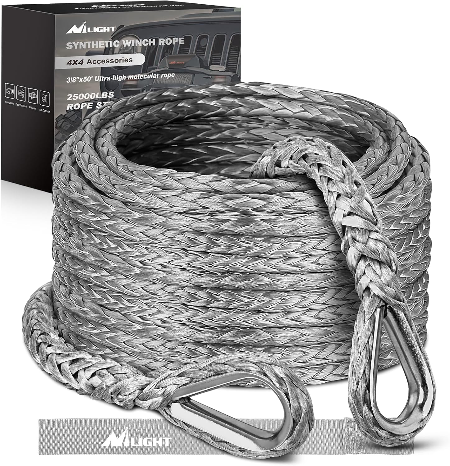 Synthetic Winch Rope Extension 3/8 Inch x 50 Feet 25,000 Lbs ATV Winch Extension Cable Replacement Tow Ropes Line for Off Road Vehicle Polaris ATV UTV Truck SUV Jeep, Grey
