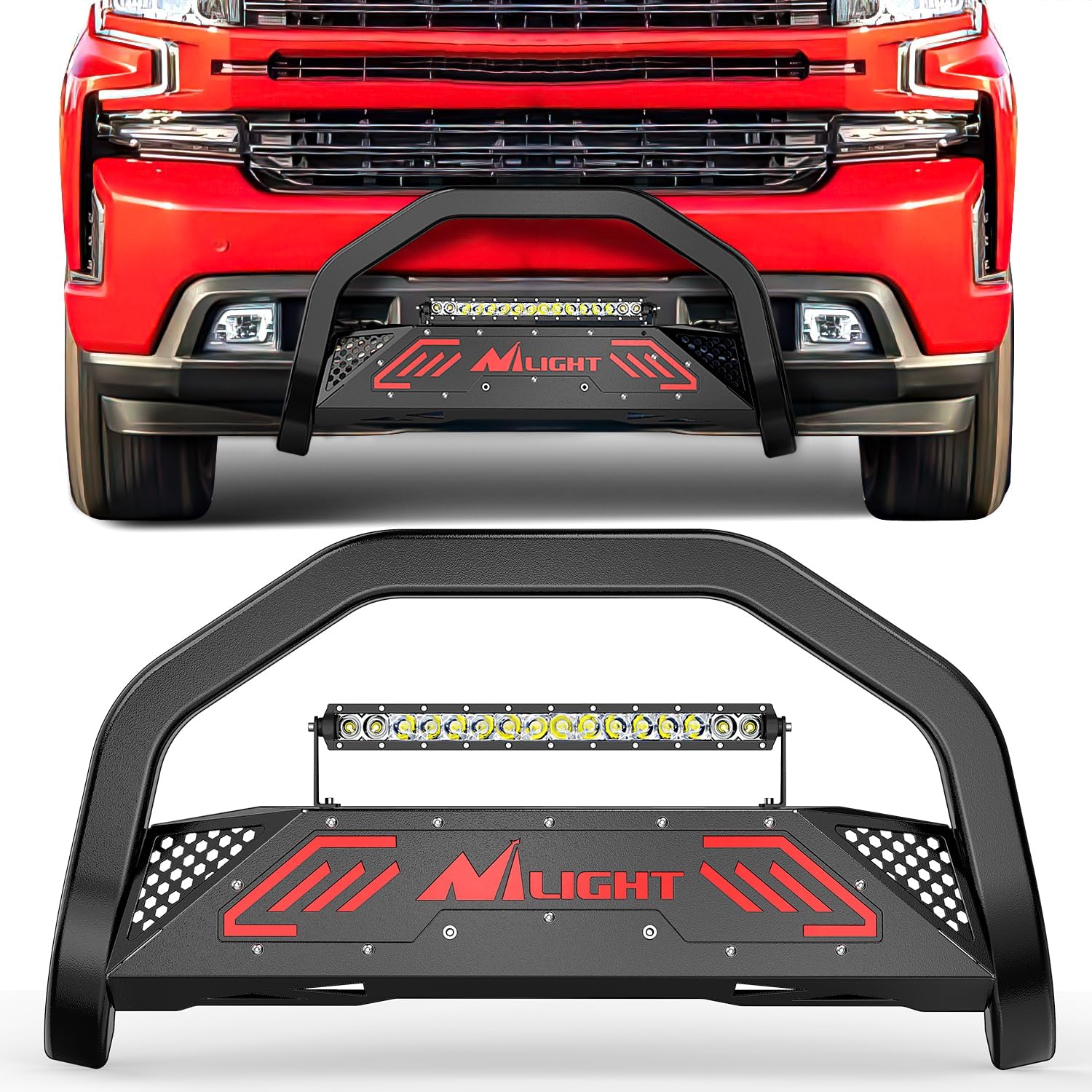 Bull Bar with Light fits 2007-2018 Chevy Silverado GMC Sierra 1500, 2007-2020 Chevy Tahoe Suburban&Yukon/Yukon XL Front Bumper Grille Brush Push Guard with Skid Plate Licence Plate Hole Black