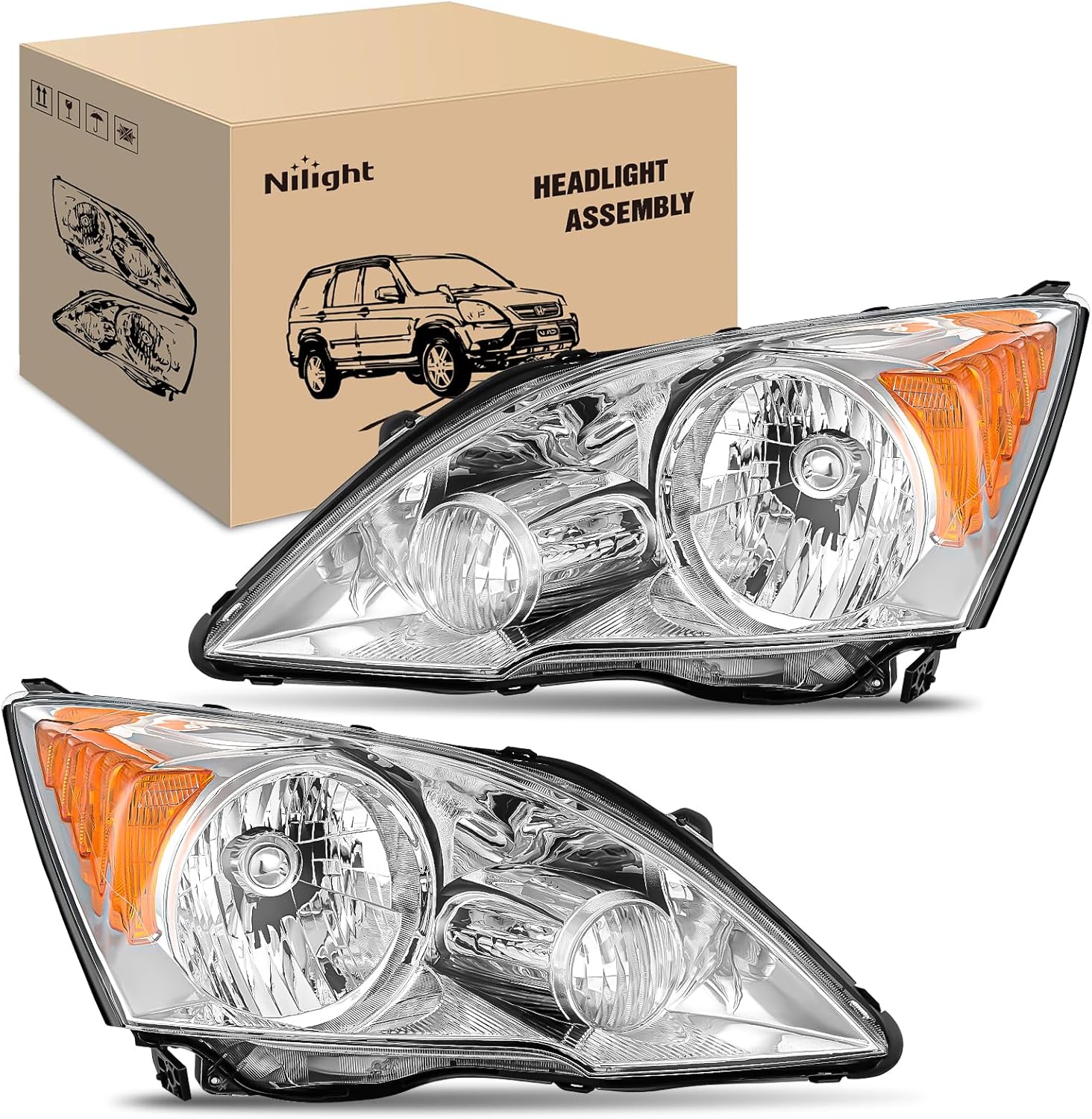 Headlights Assembly for Honda CRV(CR-V) 2007 2008 2009 2010 2011 Headlamp Chrome Housing Amber Reflector