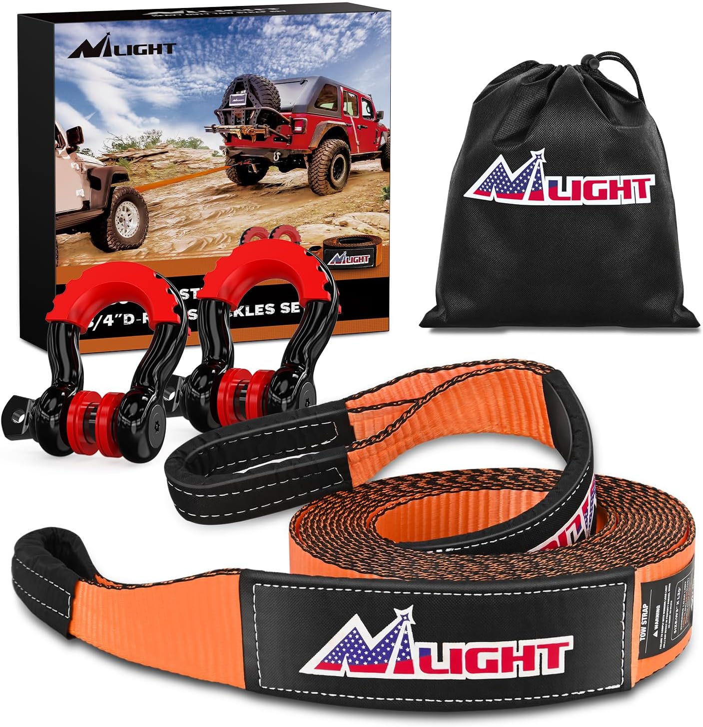 3 Inch x 30 Inch Recovery Tow Strap Kit with 2Pcs 3/4 Inch Anti-Theft D-Ring Shackles and Storage Bag Heavy Duty Off Road Emergency Tow Rope for Car Truck SUV ATV (MBS 31500LBS)
