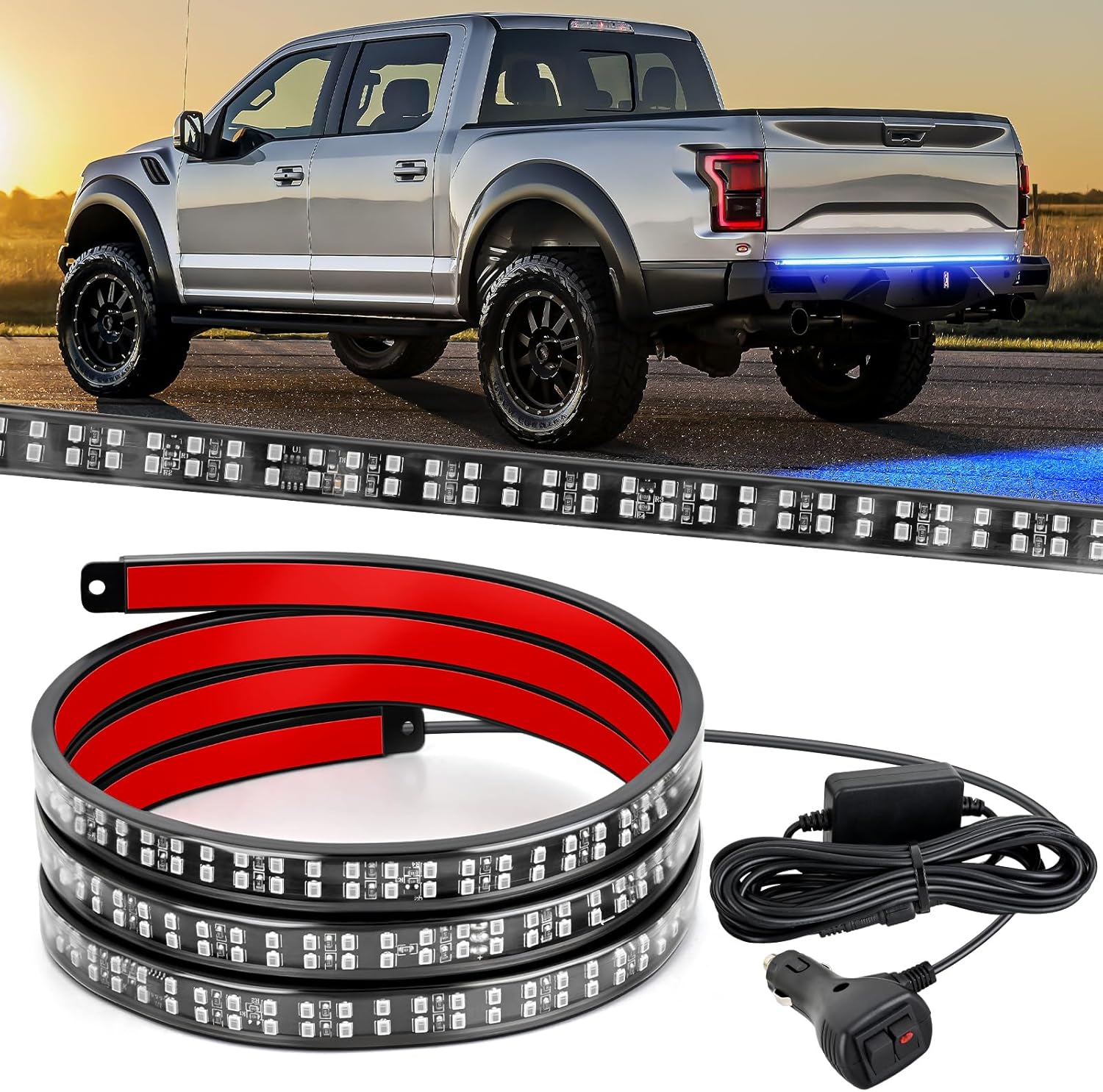 60 Inch Truck Tailgate Strobe Light Strip Tail Emergency Bar Rear Window Warning Lamp Ultra-Bright Double Row 360 LED for Pickup Trailers Construction Vehicles Car SUV, Blue