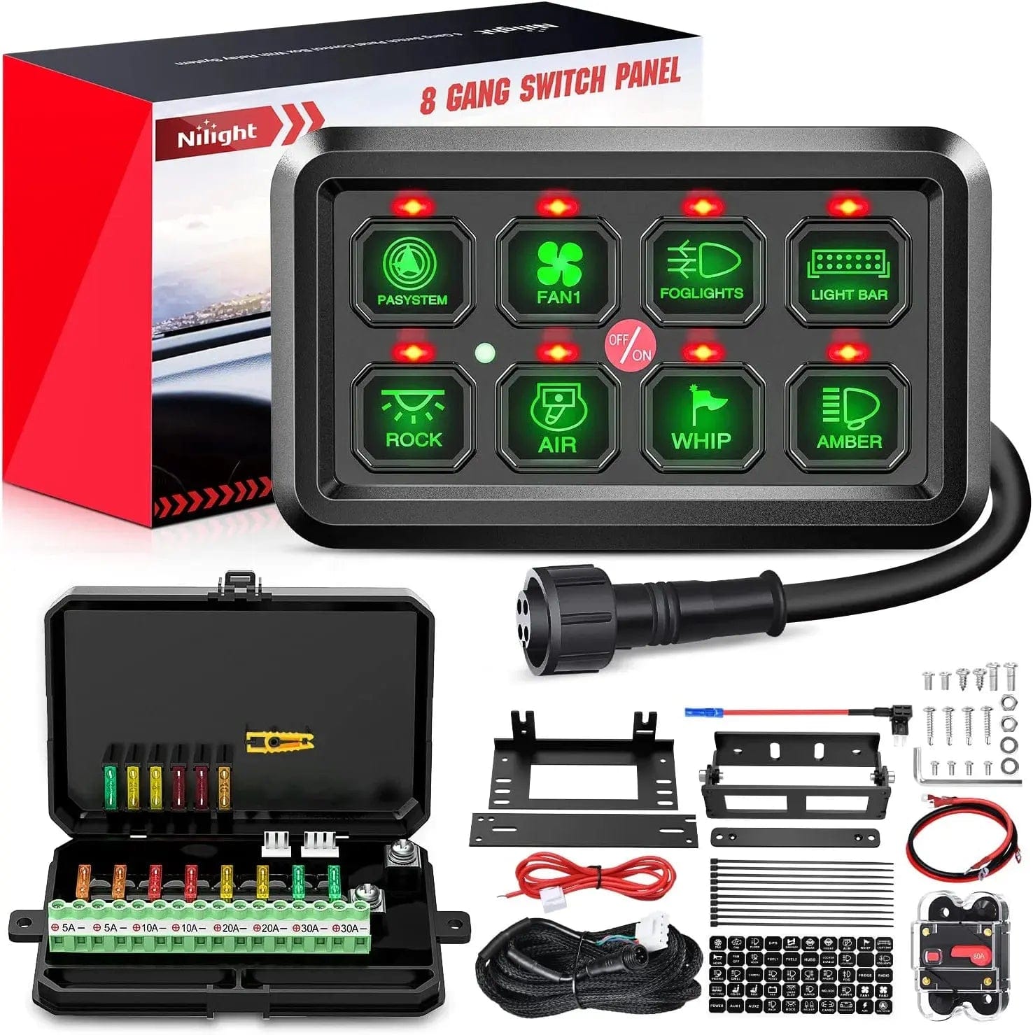 8Gang Multifunction Green Rocker Switch Panel System