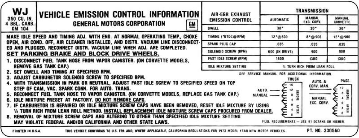 El Camino Emission Decal, 350 c.i. 4 Barrel, Automatic Or Manual Transmission, Code WJ, 1973