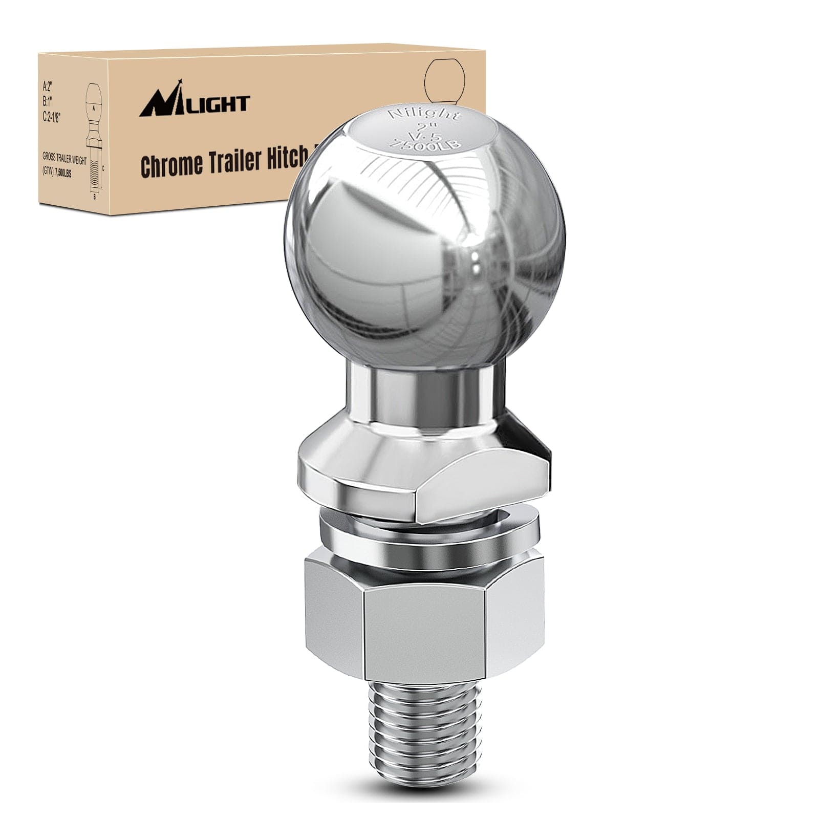 2Inch Chrome Trailer Hitch Ball 1 x 2-1/8Inch Shank Universal Fit Gray