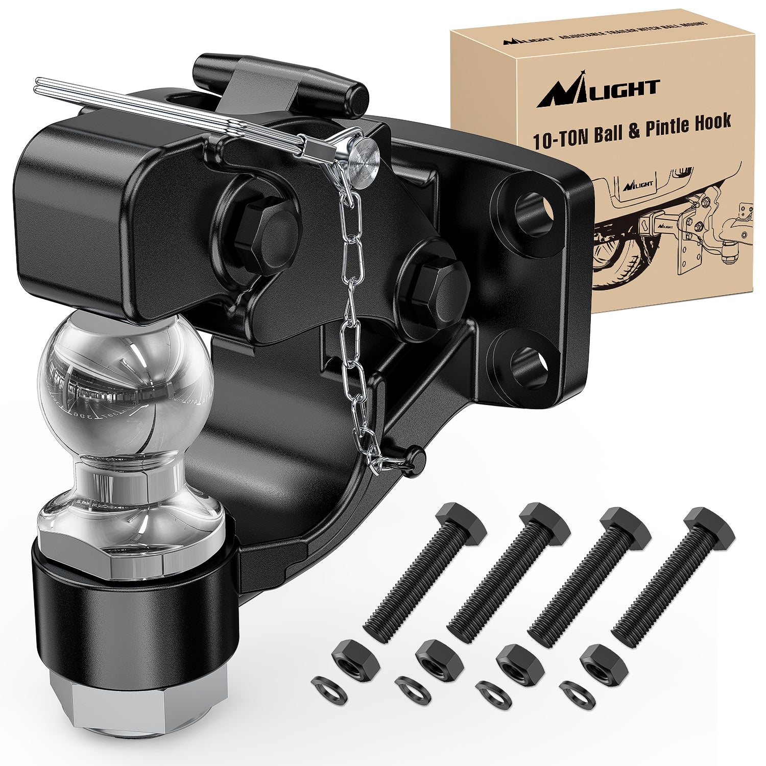 Pintle Hook Trailer Hitches Receiver Hook Combination 2Inch Hitch Ball with Mounting Kit, 12000LBS Black Bolt On Adjustable Powder-Coated