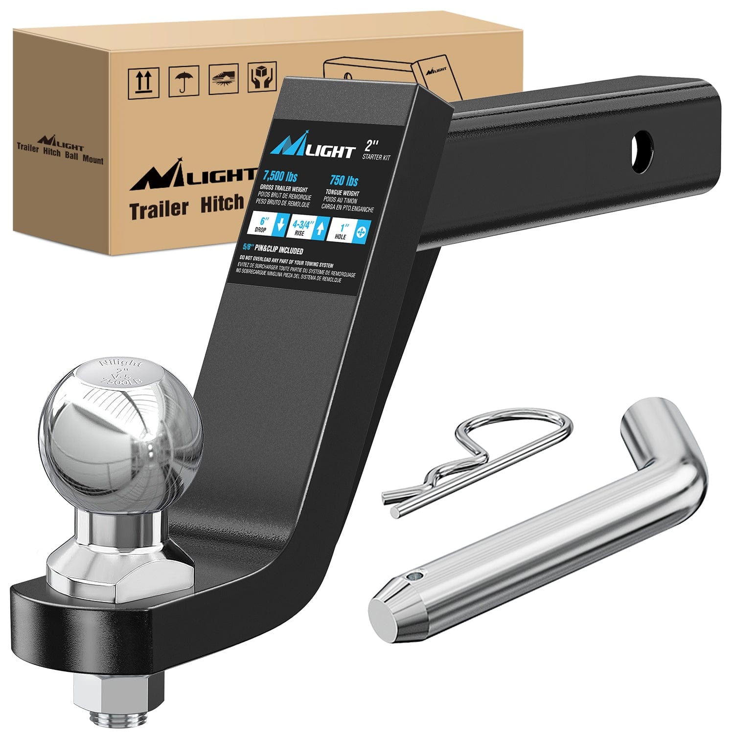 Trailer Hitch Ball Mount 2In Trailer Ball 5/8In Hitch Pin Clip Fits 2Inch Receiver Square 7500 lbs 6In Drop, 4-3/4In Rise, 1¡± Hole, Gloss Black Powder Coat